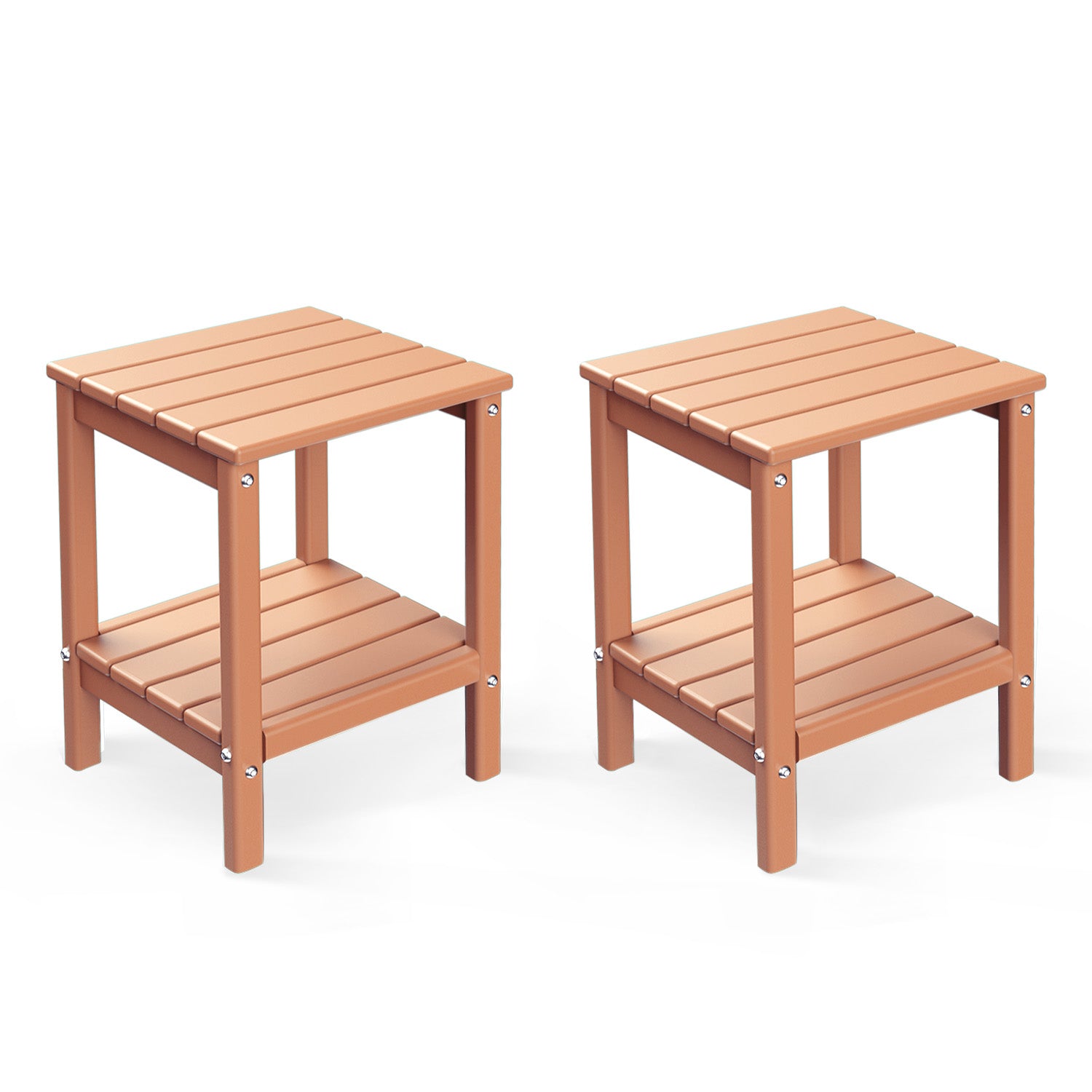 FODINGHILL 2-Tier Outdoor Side Table set of 2, HDPE All Weather Adirondack Patio Table with Storage Shelf, Outside End Table for Porch Backyard Indoor, Teak