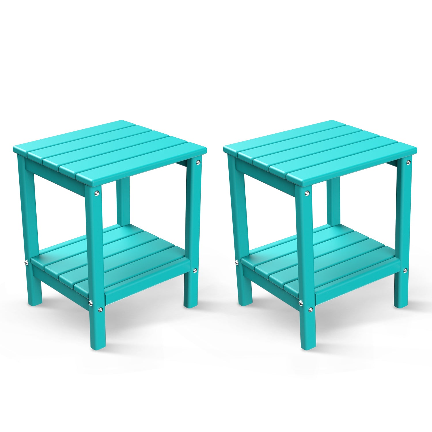 FODINGHILL 2-Tier Outdoor Side Table set of 2, HDPE All Weather Adirondack Patio Table with Storage Shelf, Outside End Table for Porch Backyard Indoor, Aqua