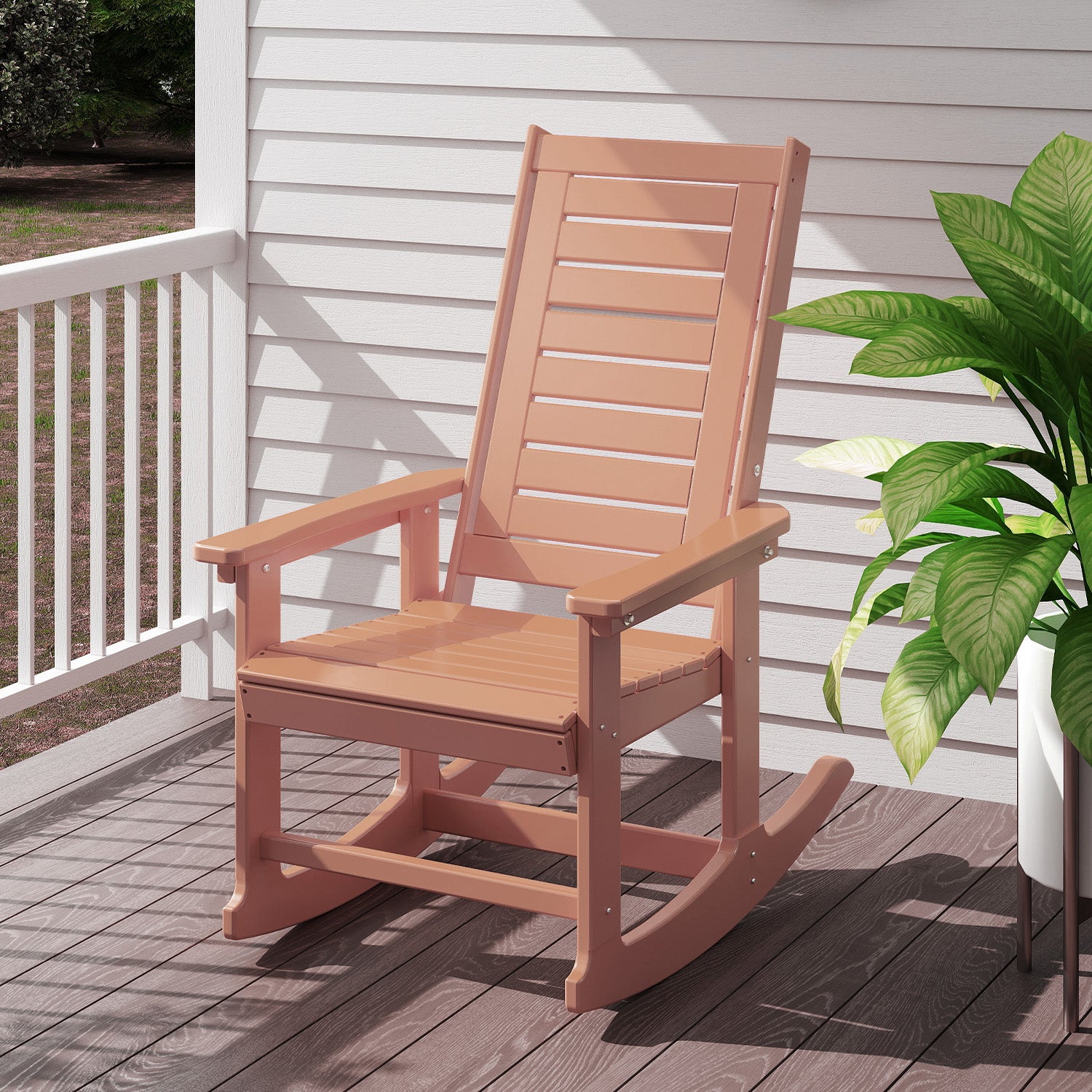 Outdoor Rocking Chair,HDPE Oversized Rocking Outdoor Chair,High Back Rocking Patio Chairs for Porch Garden Balcony,Teak