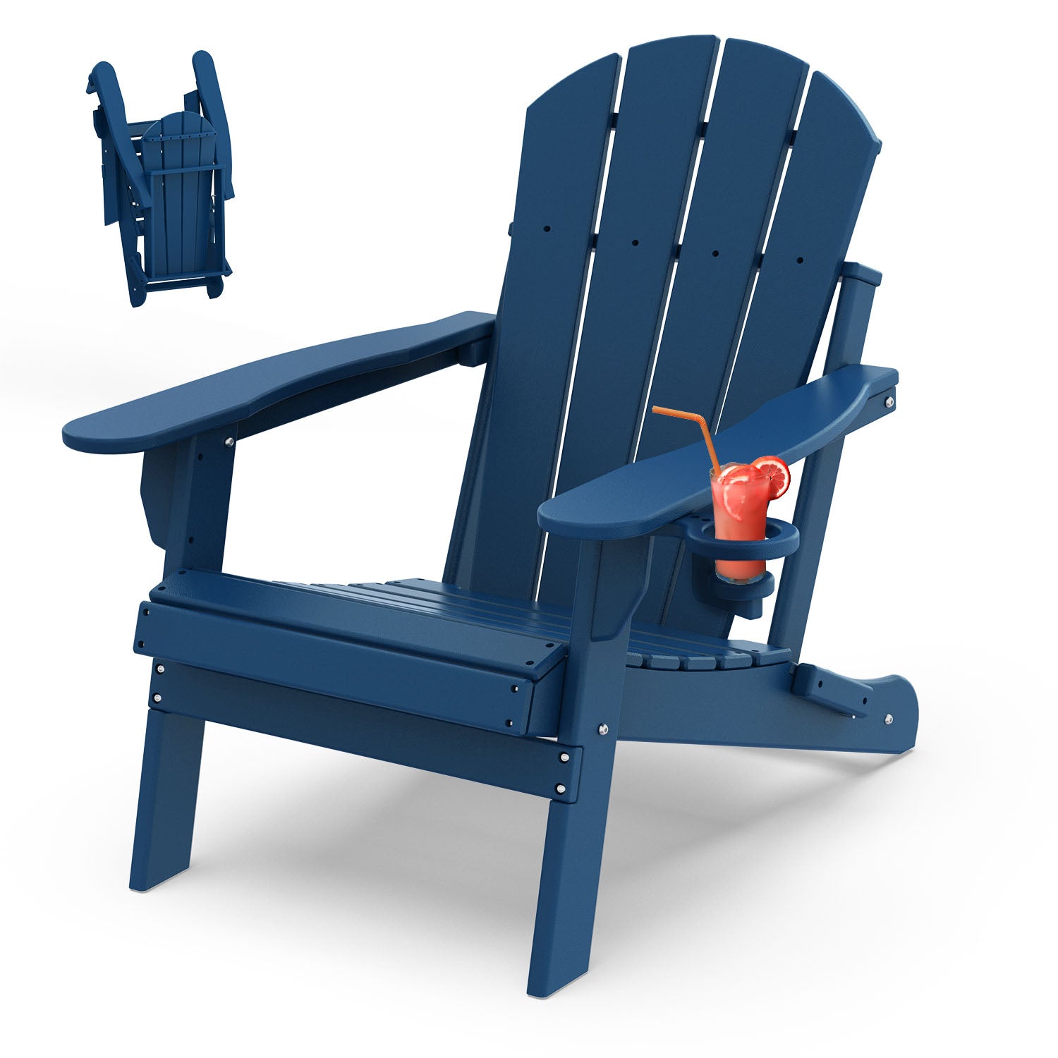 PIPOPA Outdoor Folding Adirondack Chair, HDPE All Weather Patio Chair with Cup Holder for Deck Backyard Garden, Blue