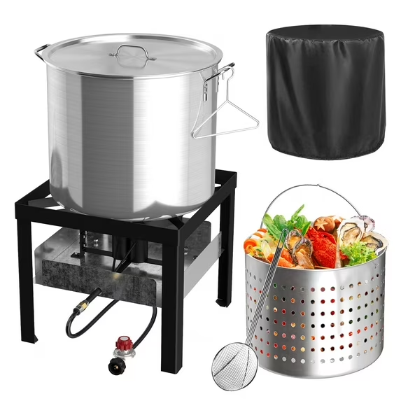 50QT Crawfish Boiler Kit, Seafood Boil Pot,Waterproof Cover & 12-inch Skimmer, 110,000BTU Propane Burner,Aluminum Seafood Boil Pot with Basket ,Crab, Seafood & Crawfish Boiler