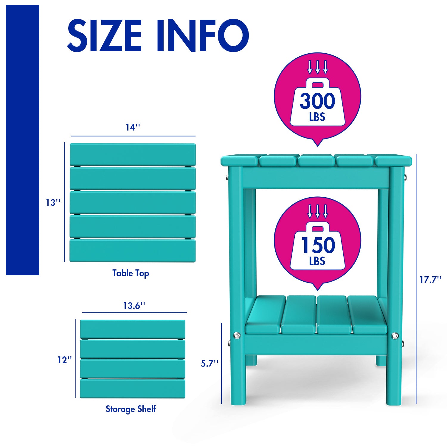 FODINGHILL 2-Tier Outdoor Side Table set of 2, HDPE All Weather Adirondack Patio Table with Storage Shelf, Outside End Table for Porch Backyard Indoor, Aqua