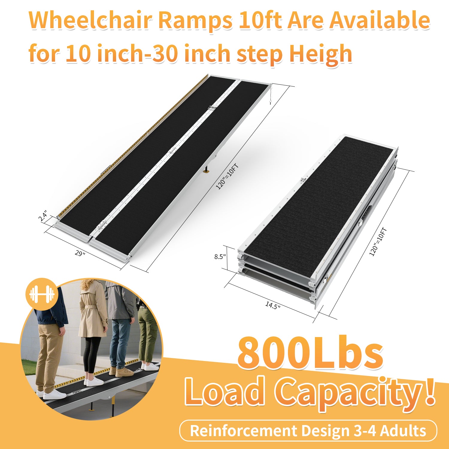 FODINGHILL 10 ft Folding Wheelchair Ramp,Portable Aluminum Threshold Ramp,800 lbs Capacity