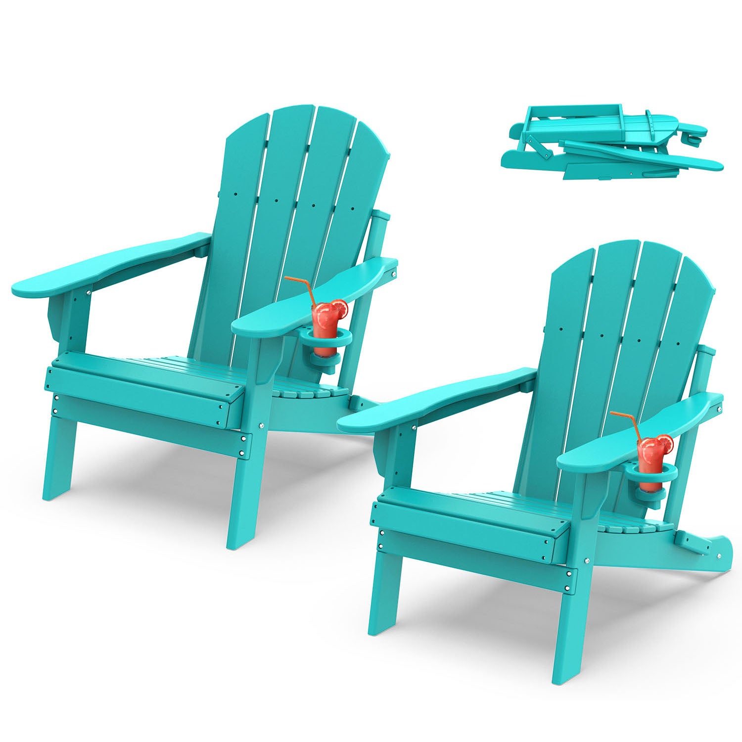 Outdoor Folding Adirondack Chair set of 2, HDPE All Weather Patio Chair with Cup Holder for Deck Backyard Garden, Aqua