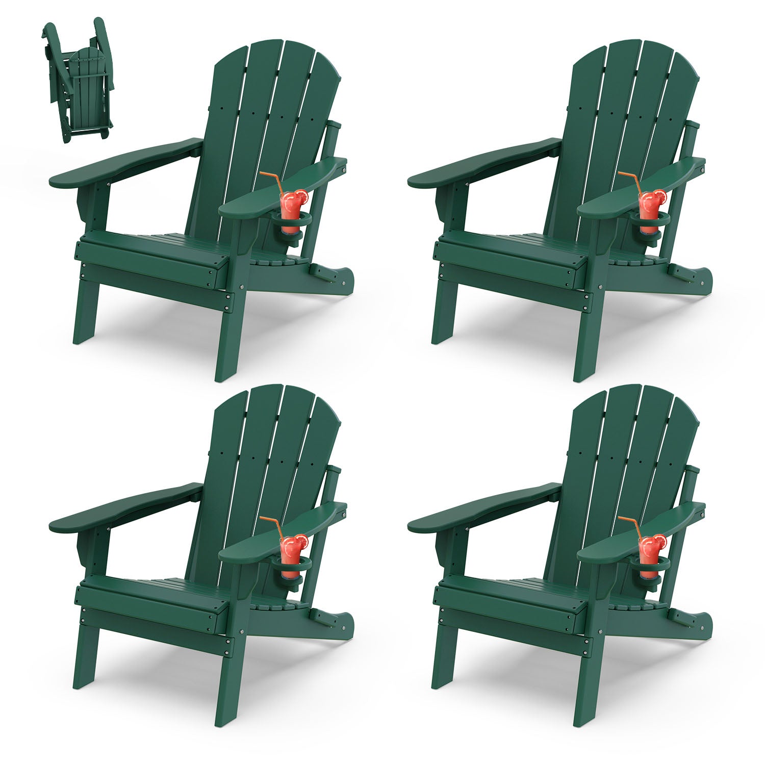 Outdoor Folding Adirondack Chair set of 4, HDPE All Weather Patio Chair with Cup Holder for Deck Backyard Garden, Forest