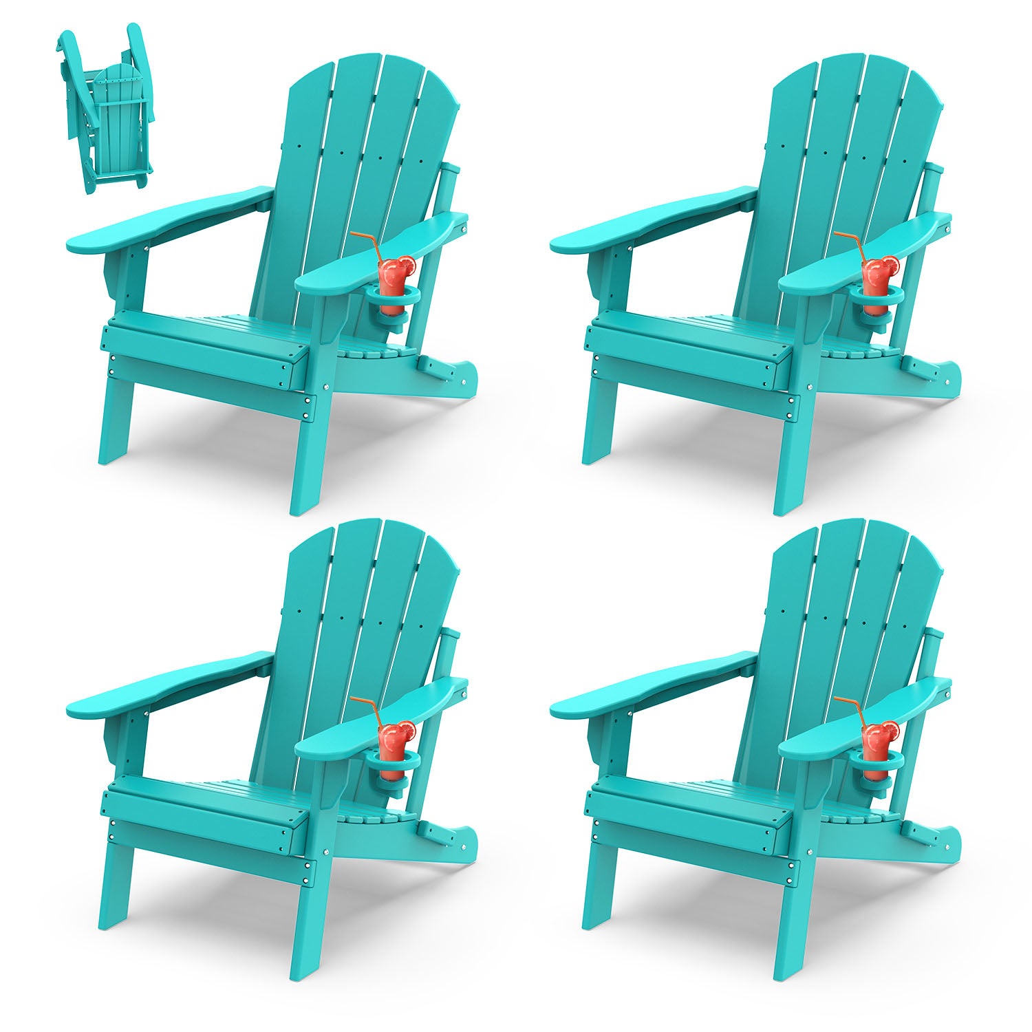 Outdoor Folding Adirondack Chair set of 4, HDPE All Weather Patio Chair with Cup Holder for Deck Backyard Garden, Aqua