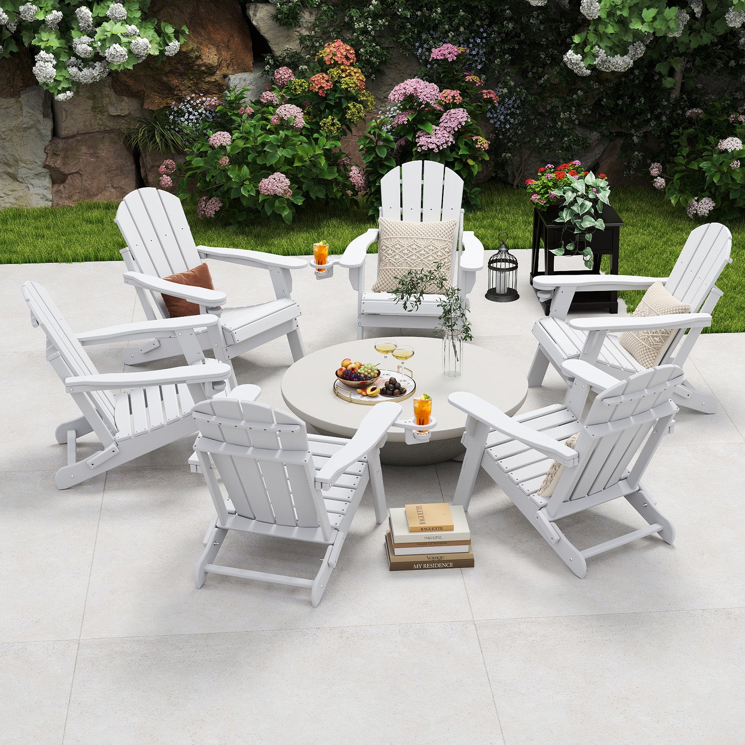 Outdoor Folding Adirondack Chair set of 6, HDPE All Weather Patio Chair with Cup Holder for Deck Backyard Garden, White