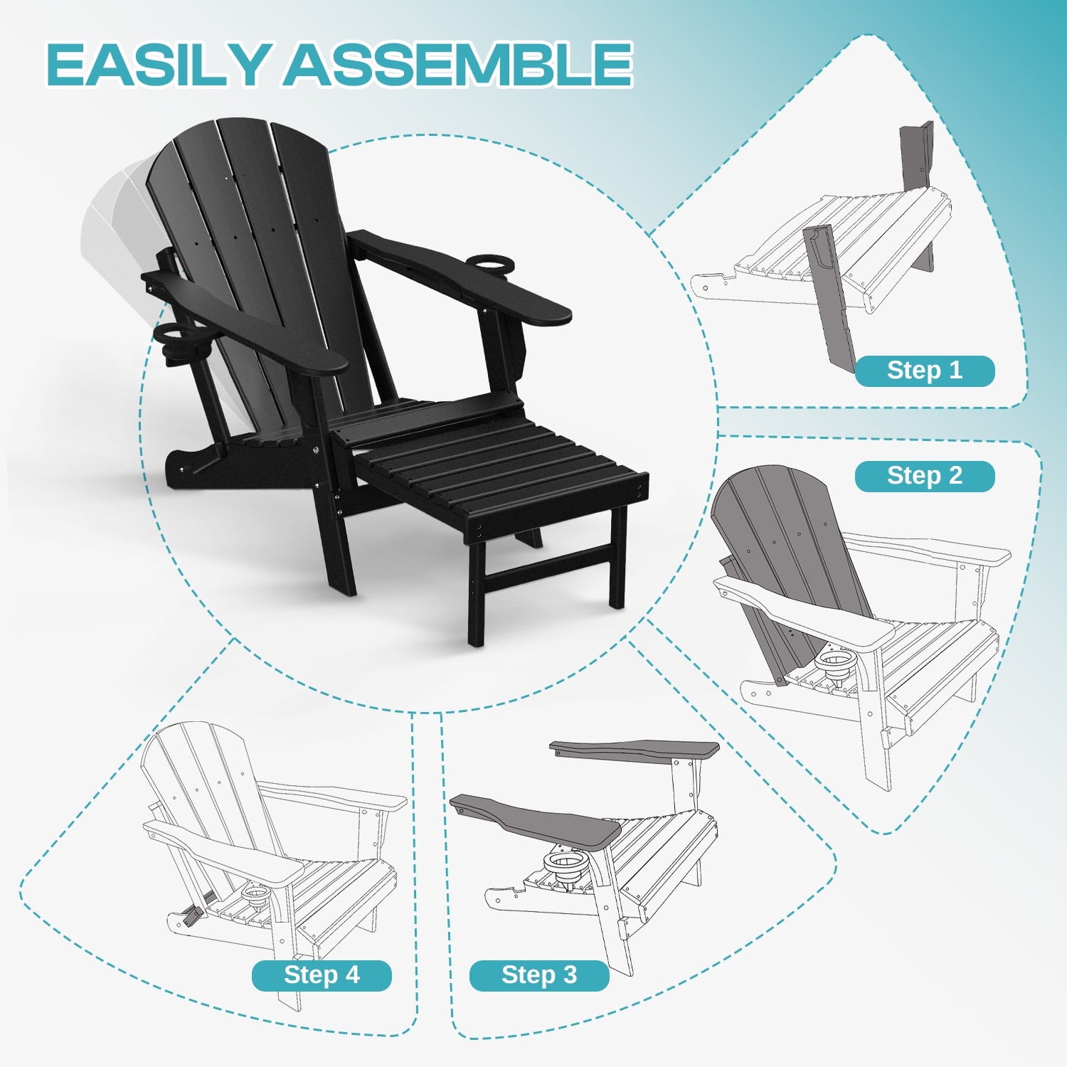 FODINGHILL Folding Adirondack Chair with Ottoman, Adjustable Backrest HDPE All-Weather Firepit Chair with Cup Holder, Black