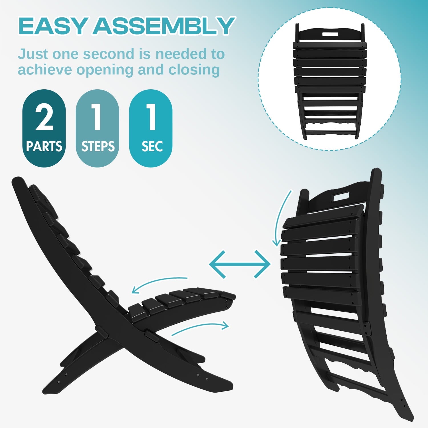 FODINGHILL Folding Xavier Adirondack Chairs Set of 2, HDPE All-Weather Folding Adirondack Outdoor Chair for Patio Porch Garden, Black