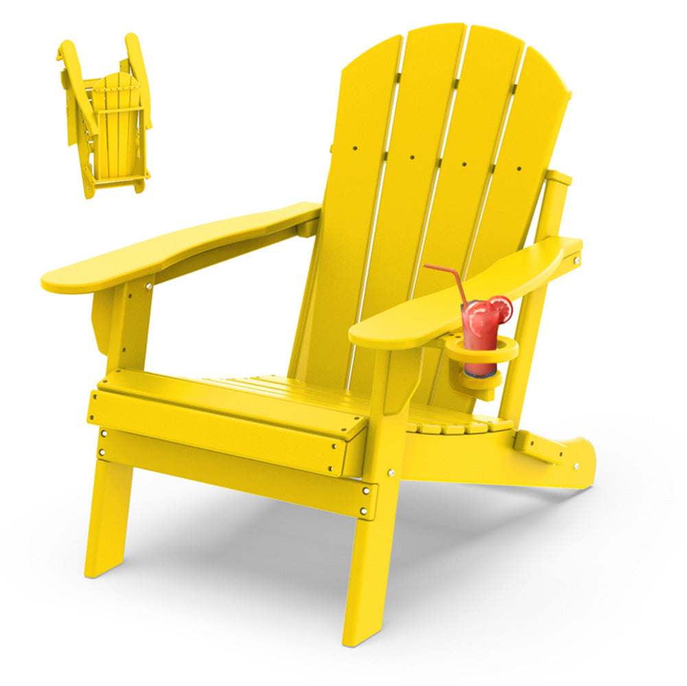 Outdoor Folding Adirondack Chair, HDPE All Weather Patio Chair with Cup Holder for Deck Backyard Garden, Yellow