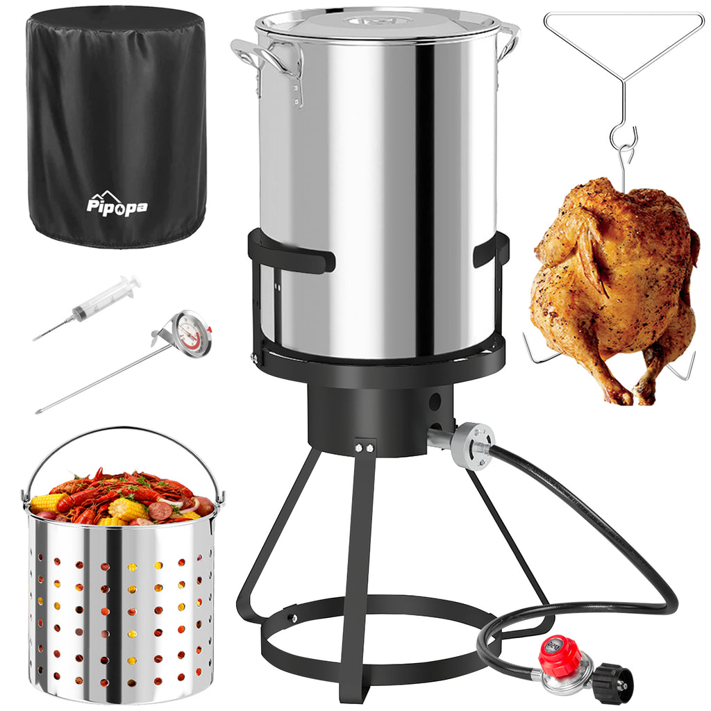 30QT Stainless Steel Turkey Fryer | Seafood & Crawfish Boiler | Basket & Waterptroof Cover Included | 50,000BTU Propane Burner | Outdoor Deep Fryers | Ideal for Frying & Boiling