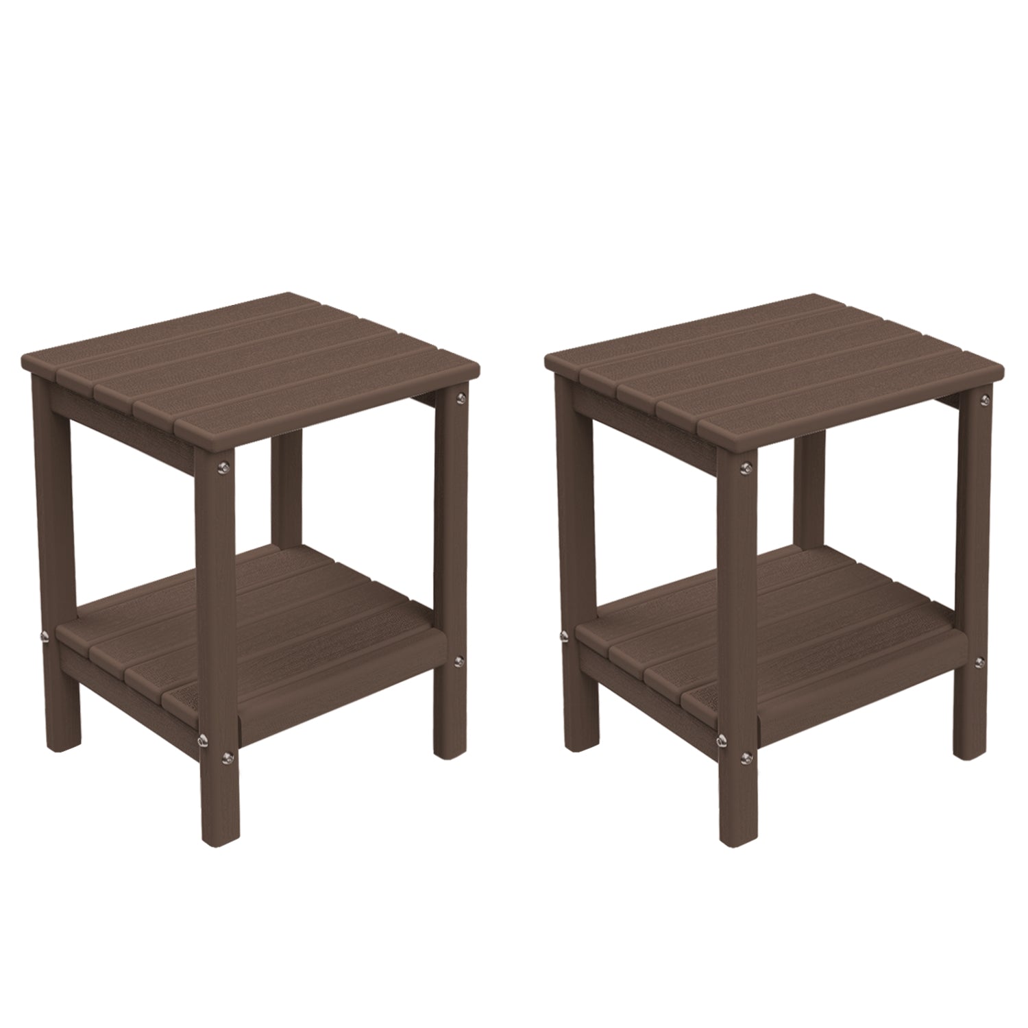 FODINGHILL 2-Tier Outdoor Side Table set of 2, HDPE All Weather Adirondack Patio Table with Storage Shelf, Outside End Table for Porch Backyard Indoor, Brown Wood Grain