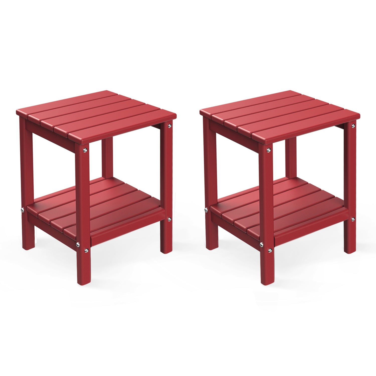 FODINGHILL 2-Tier Outdoor Side Table set of 2, HDPE All Weather Adirondack Patio Table with Storage Shelf, Outside End Table for Porch Backyard Indoor, Red
