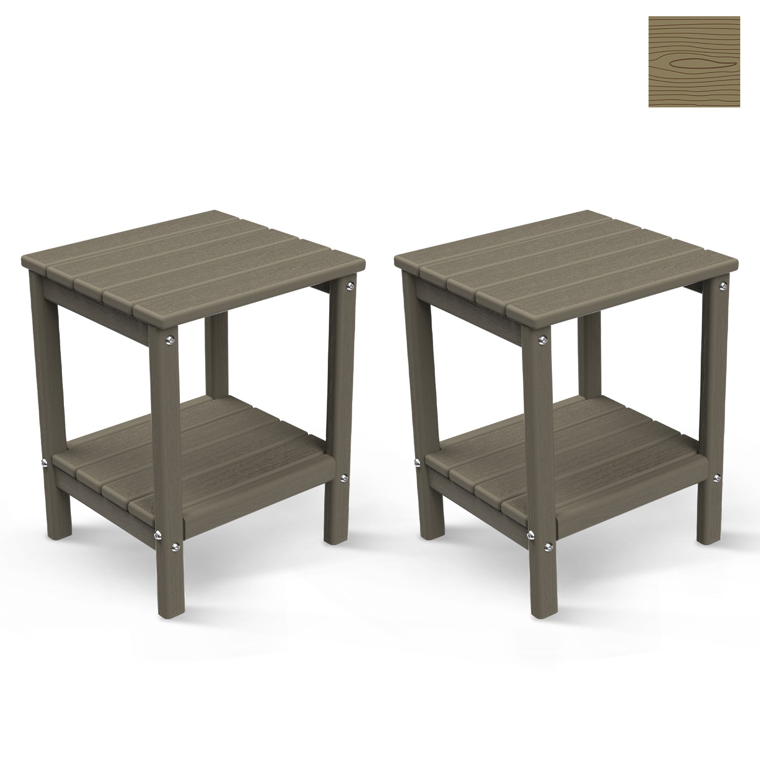 FODINGHILL 2-Tier Outdoor Side Table set of 2, HDPE All Weather Adirondack Patio Table with Storage Shelf, Outside End Table for Porch Backyard Indoor, Wood Grain