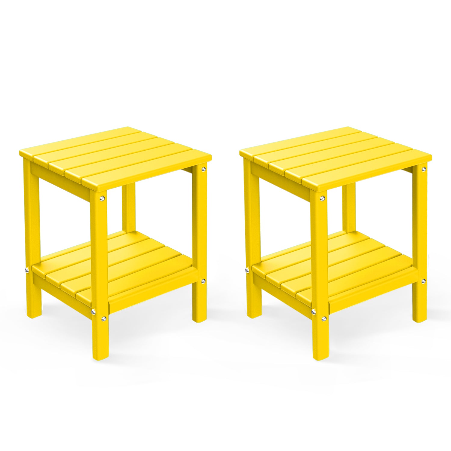 FODINGHILL 2-Tier Outdoor Side Table set of 2, HDPE All Weather Adirondack Patio Table with Storage Shelf, Outside End Table for Porch Backyard Indoor, Yellow