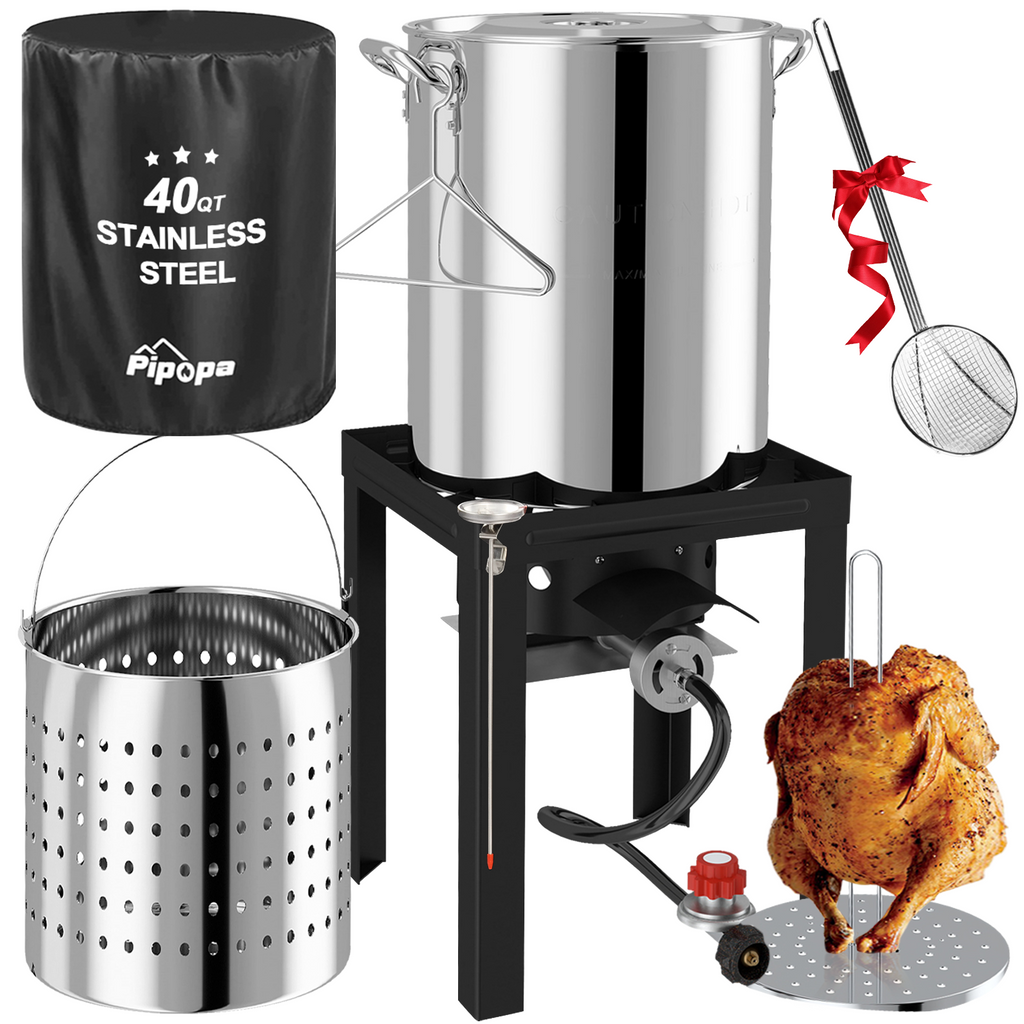 40QT Stainless Steel Turkey Fryer | Outdoor Fryer | Seafood Boil Pot | Cover & Skimmer Included | 50,000BTU Propane Burner | Deep Fryer Pot with Basket | Crab, Seafood & Crawfish Boiler
