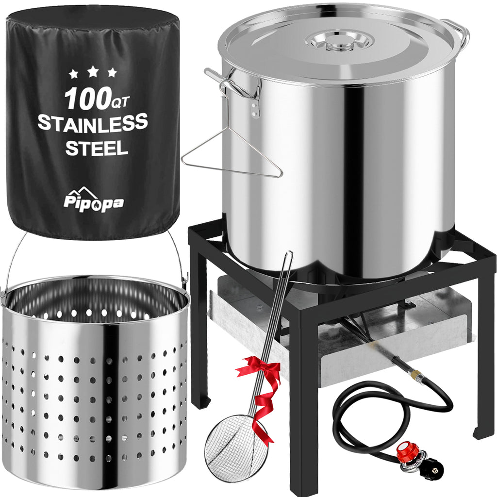 100QT Stainless Steel Crawfish Boiler | Seafood Boiling Kit | Cover & 18" Skimmer Included | 110,000BTU Propane Jet Burner | 20 PSI CSA Certified Regulator | Crab Boil Pot for Outdoor Backyard Cooking