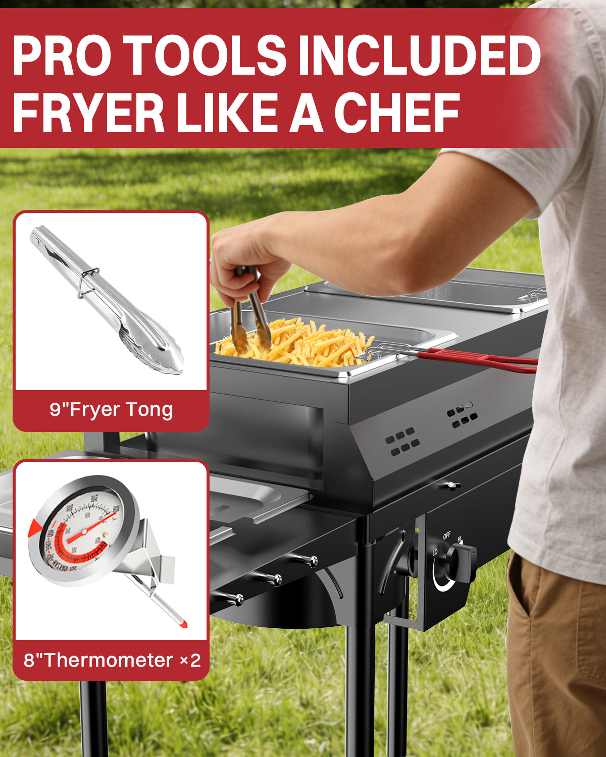 Outdoor Propane Deep Fryer | Dual Modes | Two Tanks | 8Qt Stainless Steel Pots | Includes Cover Tongs Thermometers Baskets & Lids | Independent Burners | 40,000 BTU | Ideal for Home & Commercial Use
