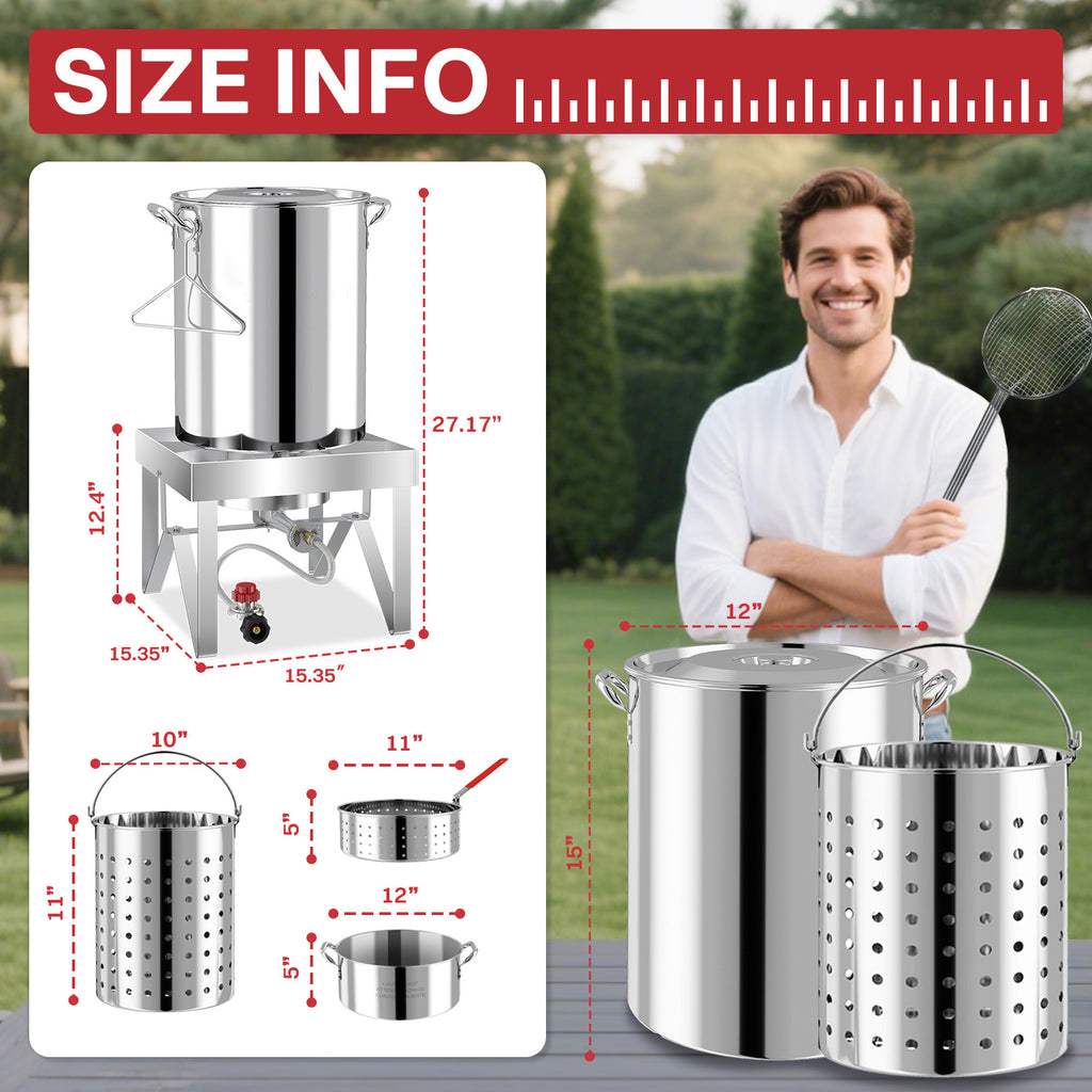 30QT Turkey Fryer Kit | Stainless Steel | Cover | Skimmer | 50,000BTU Burner | Outdoor Deep Fryers with Basket | Seafood Boil Pot | Crab Shirmp & Crawfish Boiler