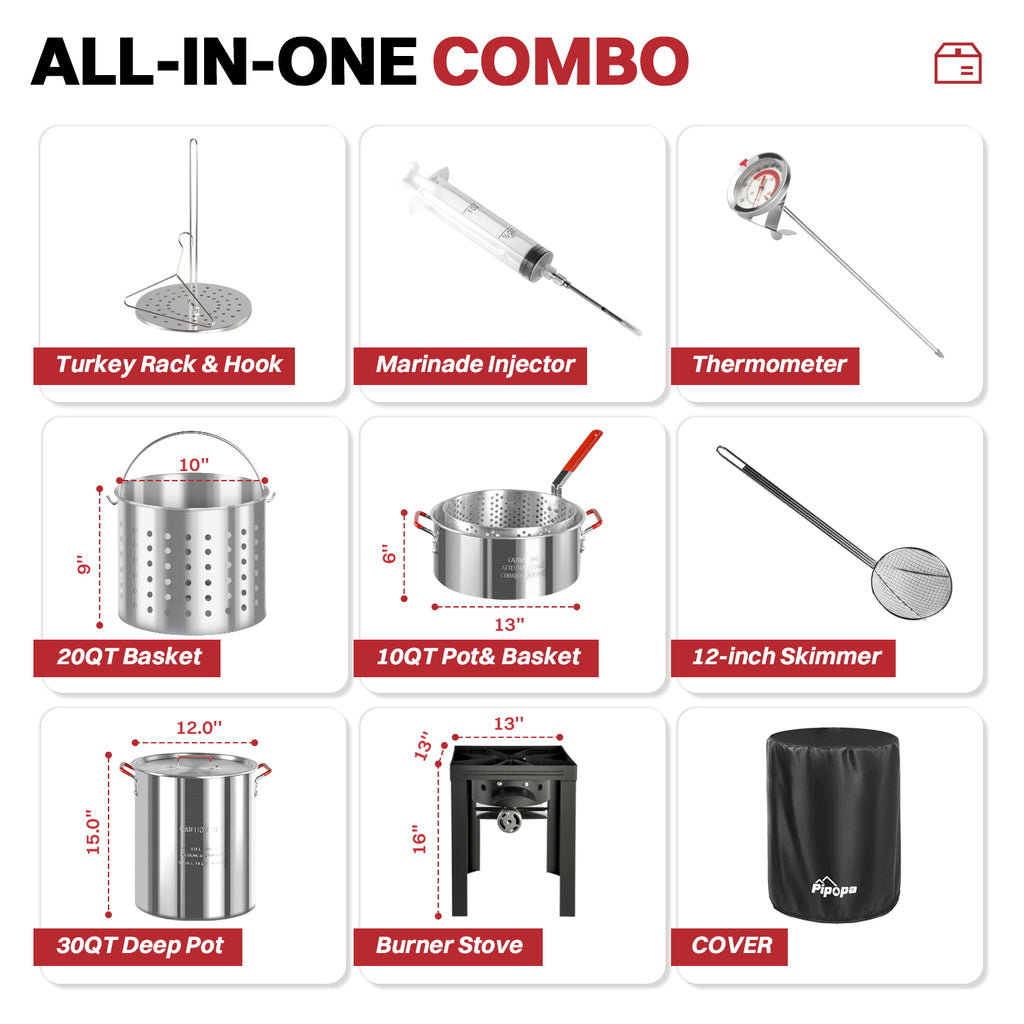 30QT & 10QT Outdoor Fryer | Turkey Fryer | Seafood Boil Pot | Cover & Skimmer Included | 50,000BTU Propane Burner | Aluminum Deep Fryer Pot with Basket | Crab, Seafood & Crawfish Boiler