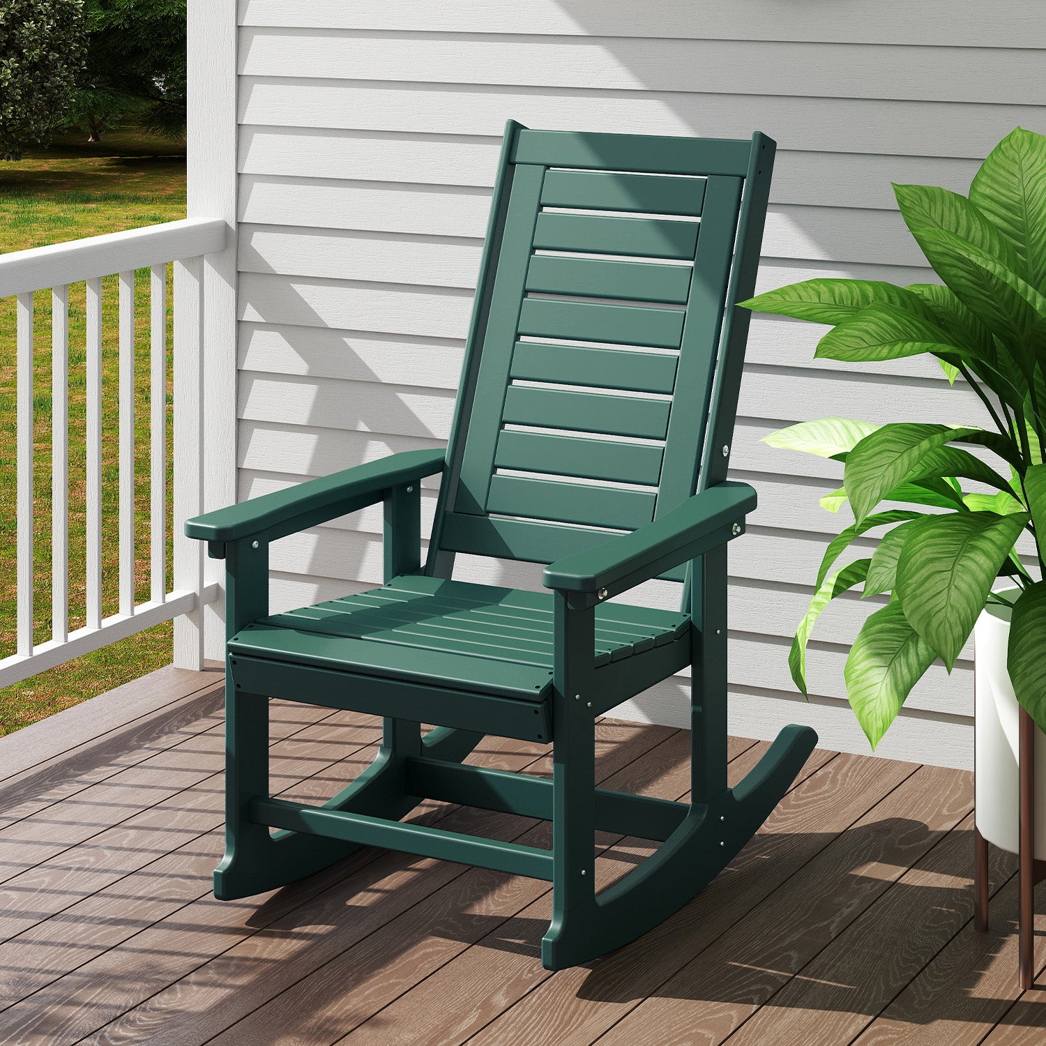 Outdoor Rocking Chair, HDPE All Weather Adirondack Oversized Rockers, Porch Rocking Chairs for Patio Outside Backyard Balcony Garden, Dark Green