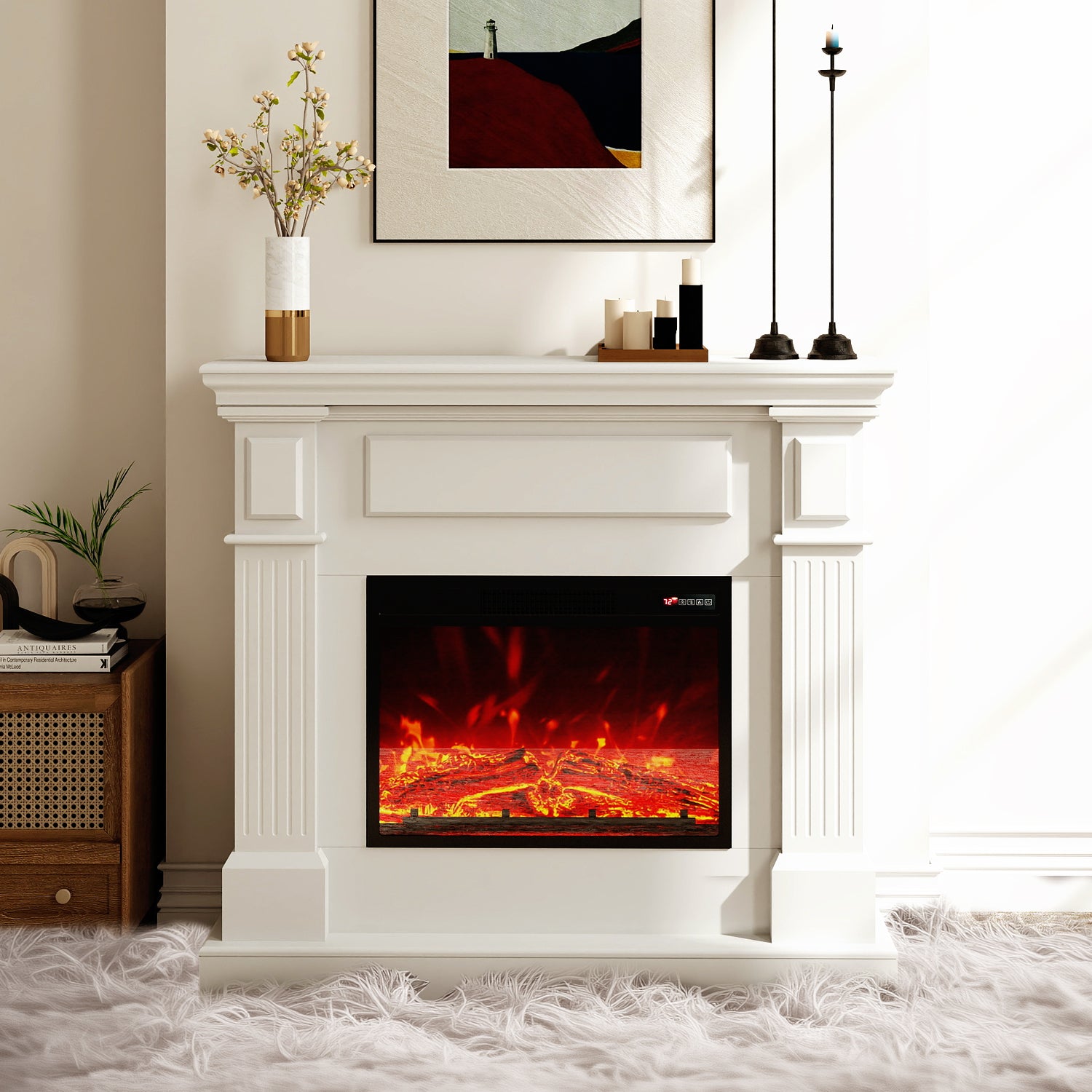 FODINGHILL 43" Electric Fireplace with Mantel,Freestanding Fireplace Heater with TV Stand,Adjustable 3D Flame,Remote Control,1500W,White