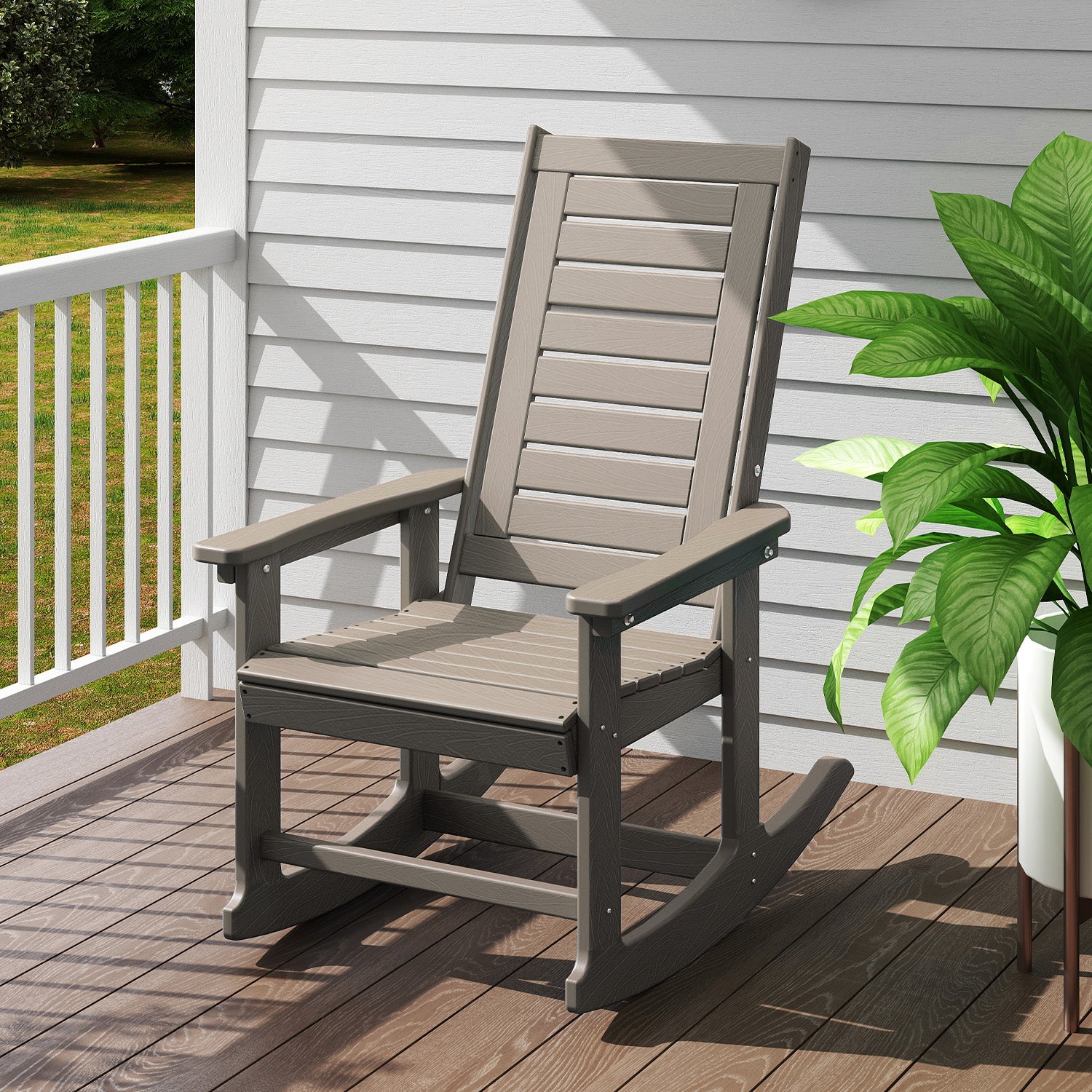 Outdoor Rocking Chair,HDPE Oversized Rocking Outdoor Chair,High Back Rocking Patio Chairs for Porch Garden Balcony,Wood