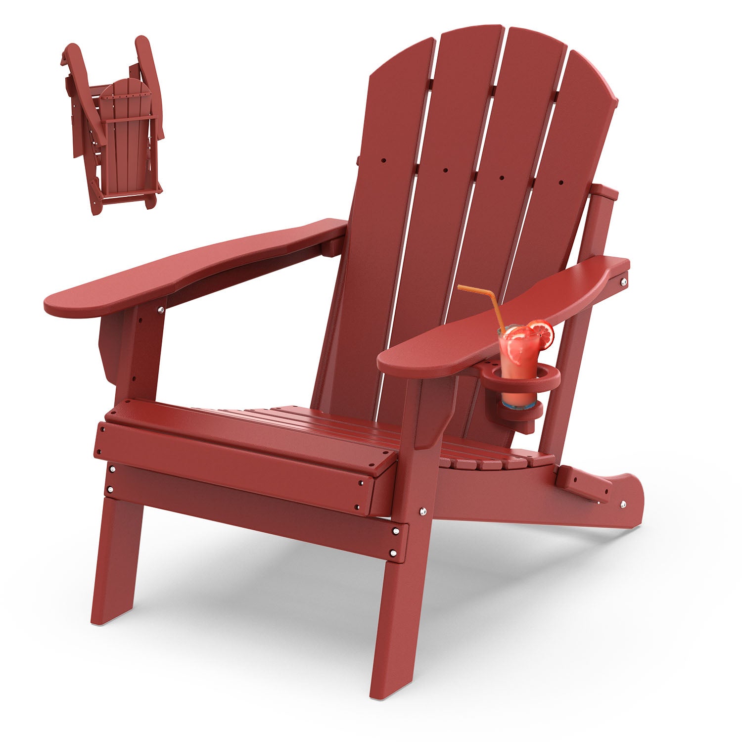 Outdoor Folding Adirondack Chair, HDPE All Weather Patio Chair with Cup Holder for Deck Backyard Garden, Red