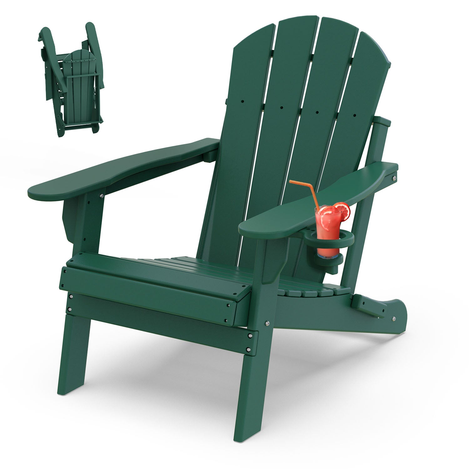 Outdoor Folding Adirondack Chair, HDPE All Weather Patio Chair with Cup Holder for Deck Backyard Garden, Dark Green