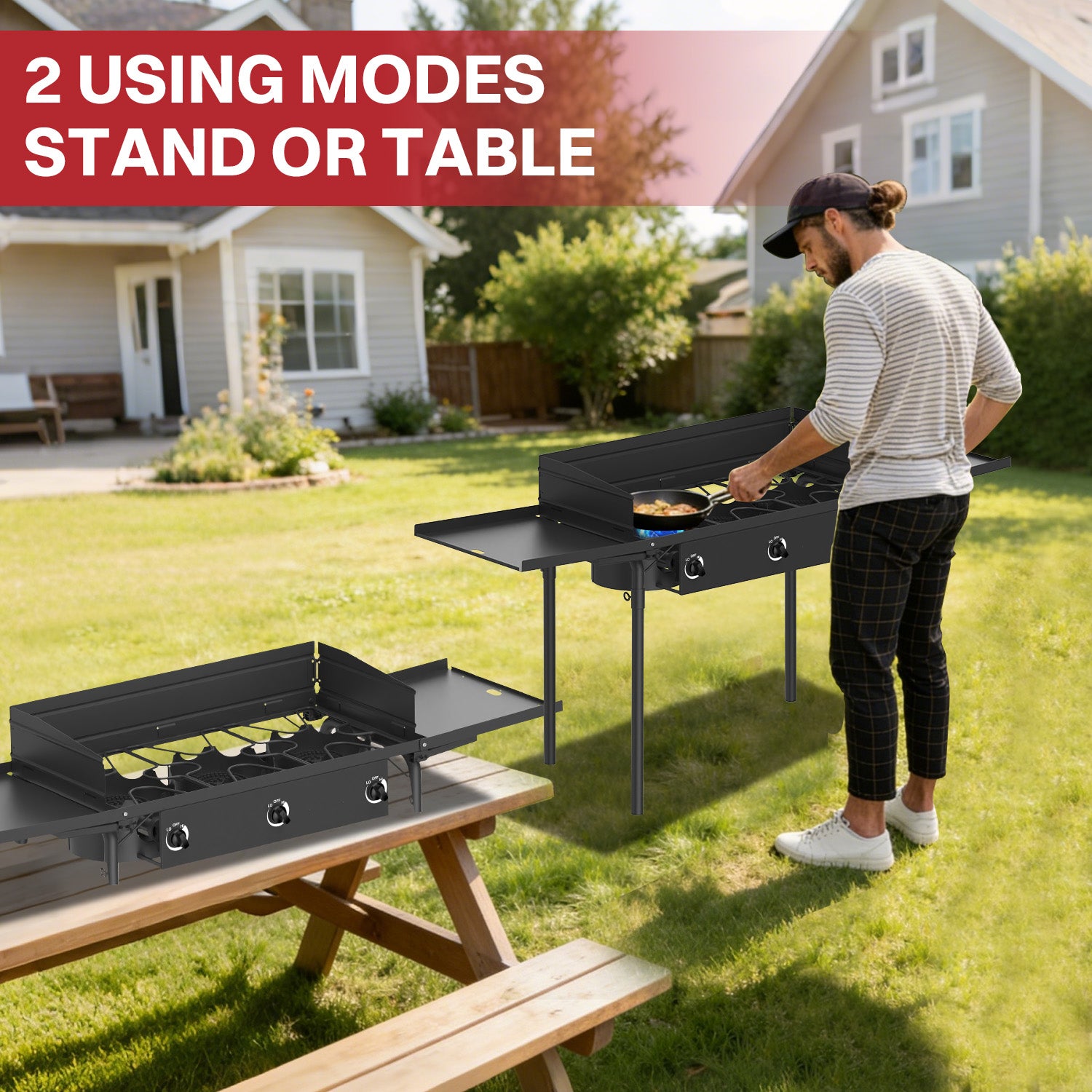 3 Burner Propane Camp Stove | 225,000 BTU Gas Burners | Side Shelves | Windscreen | Waterproof Cover | Detachable Legs | Ideal for Camping Backyard Outdoor Cooking