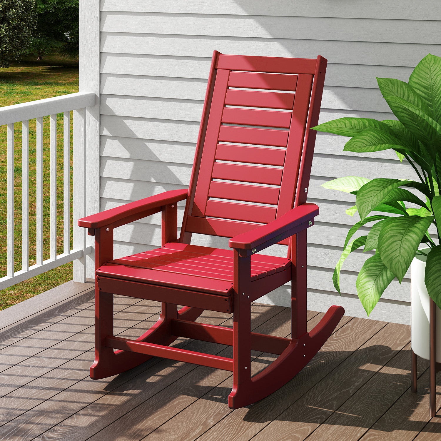Outdoor Rocking Chair, HDPE All Weather Adirondack Oversized Rockers, Porch Rocking Chairs for Patio Outside Backyard Balcony Garden, Red