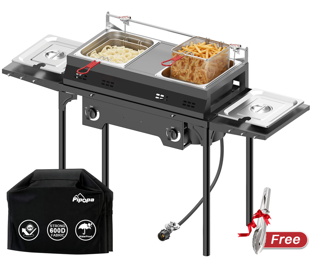 Outdoor Propane Deep Fryer | Dual Modes | Two Tanks | 8Qt Stainless Steel Pots | Includes Cover Tongs Thermometers Baskets & Lids | Independent Burners | 40,000 BTU | Ideal for Home & Commercial Use