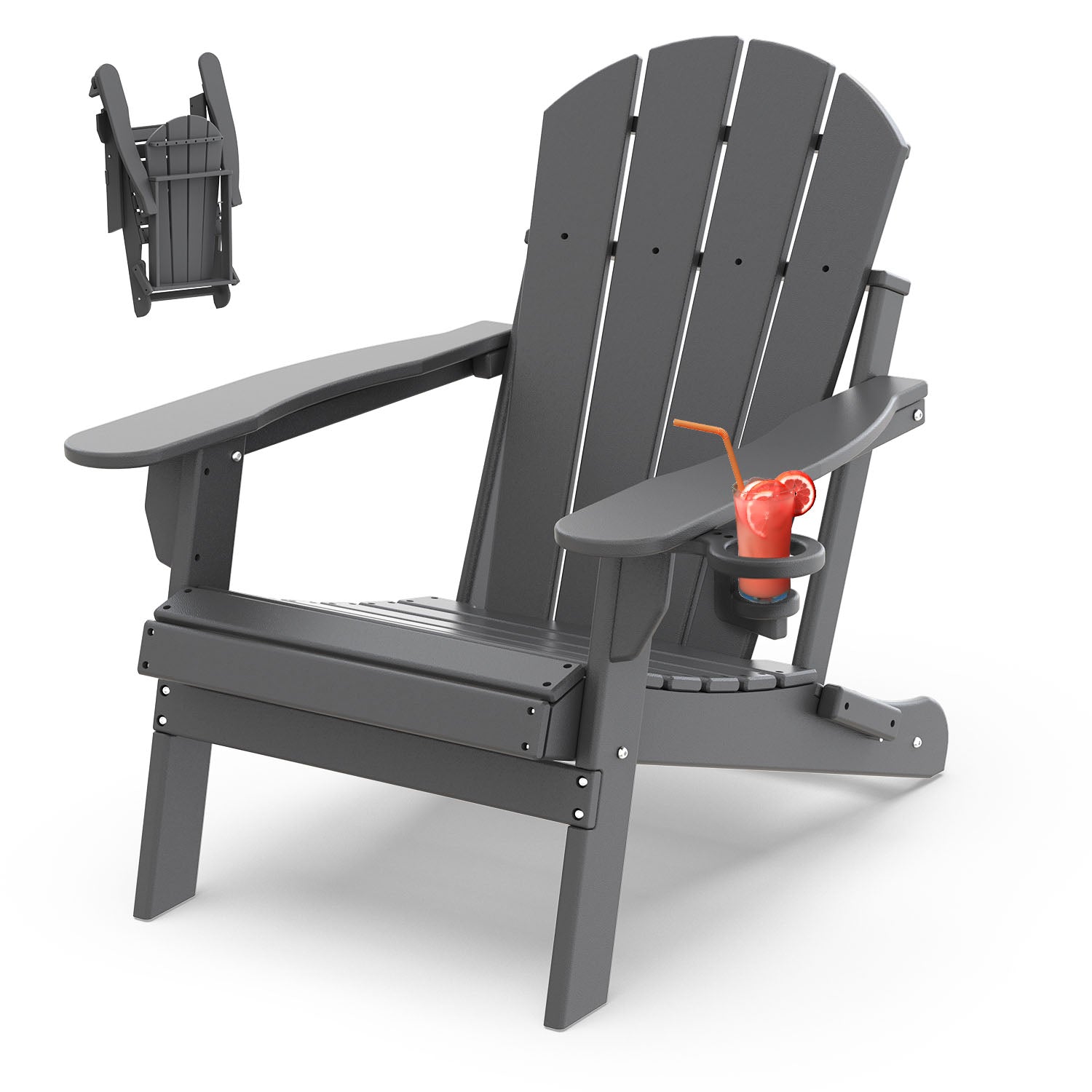 PIPOPA Outdoor Folding Adirondack Chair, HDPE All Weather Patio Chair with Cup Holder for Deck Backyard Garden, Grey