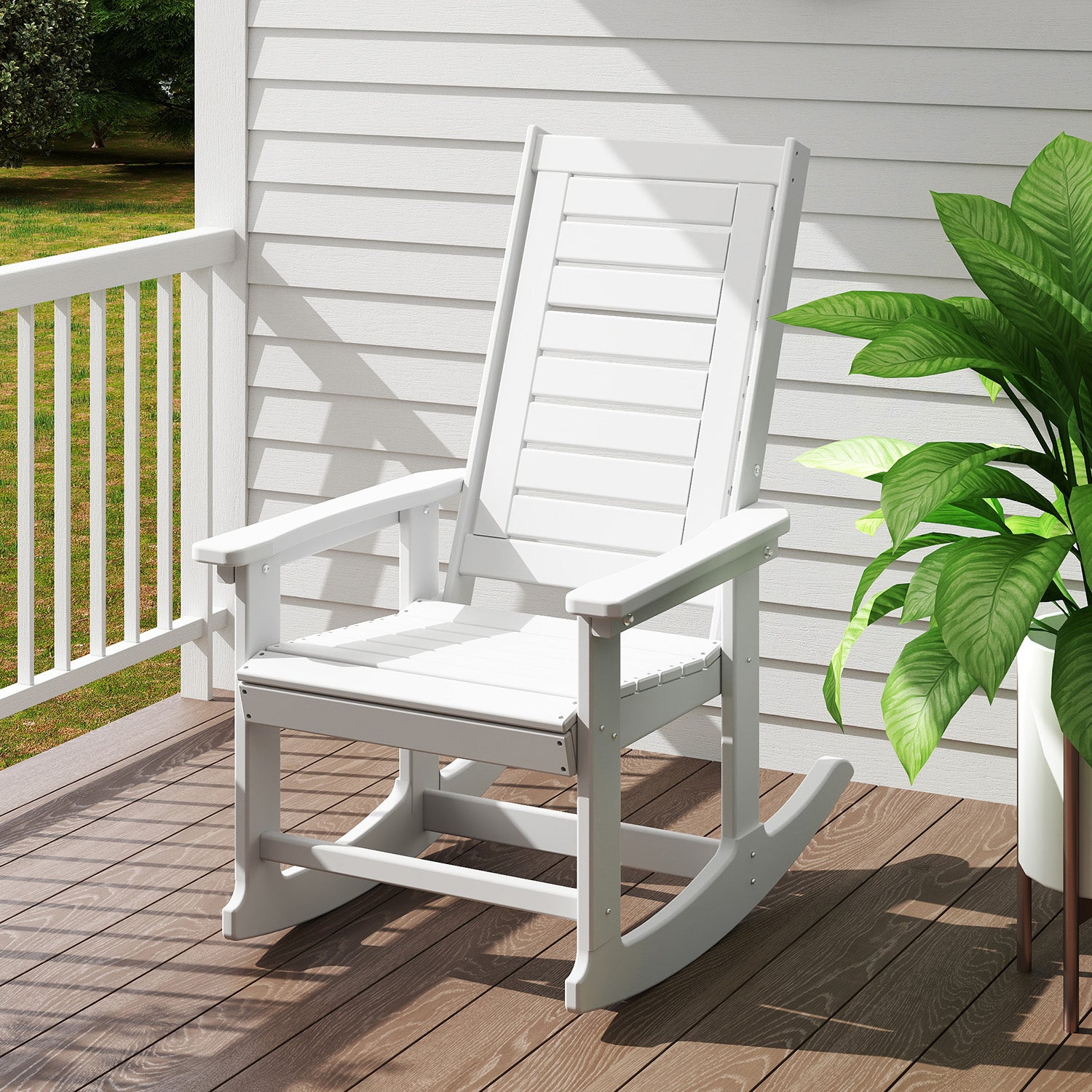Outdoor Rocking Chair,HDPE Oversized Rocking Chair Outdoor,High Back Rocking Patio Chairs for Porch Garden Balcony,White