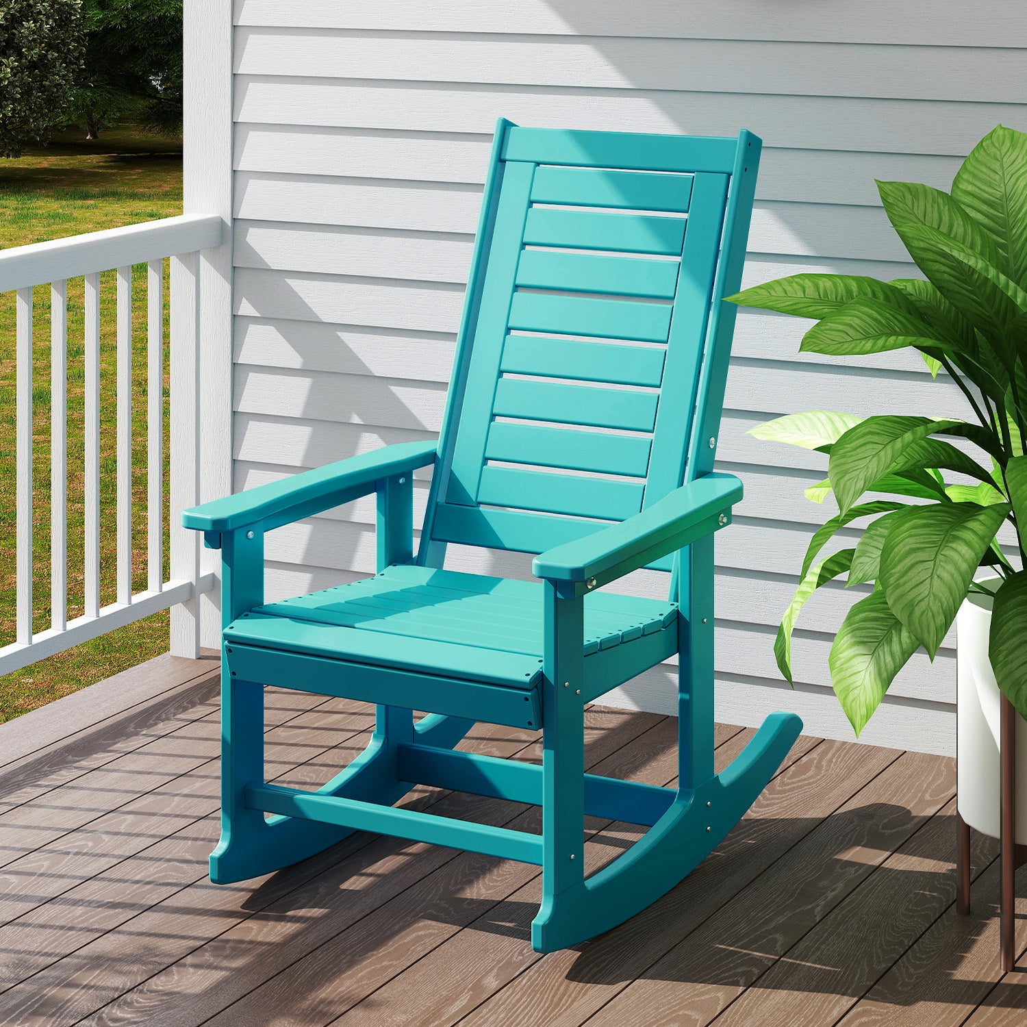 Outdoor Rocking Chair, HDPE All Weather Adirondack Oversized Rockers, Porch Rocking Chairs for Patio Outside Backyard Balcony Garden, Aqua