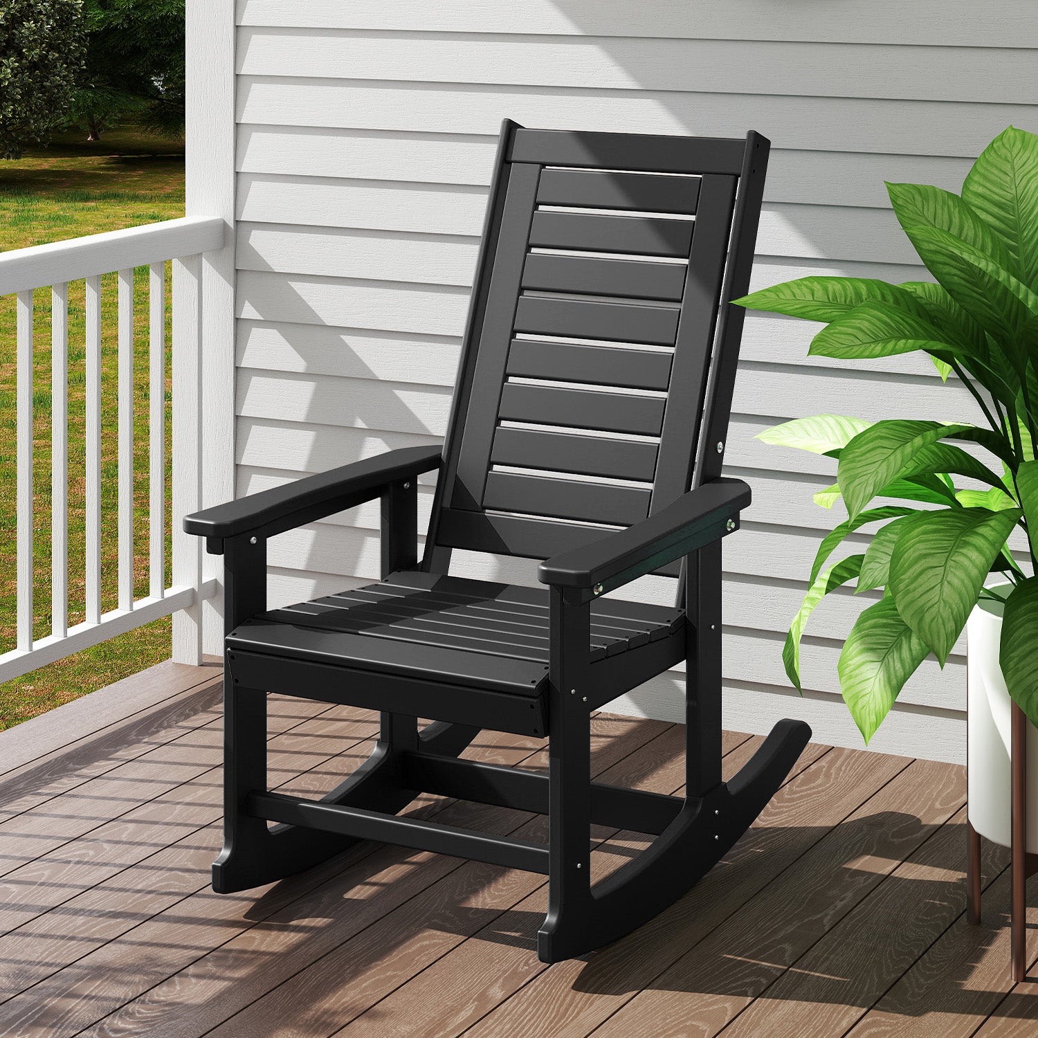 Outdoor Rocking Chair, HDPE All Weather Adirondack Oversized Rockers, Porch Rocking Chairs for Patio Outside Backyard Balcony Garden, Black