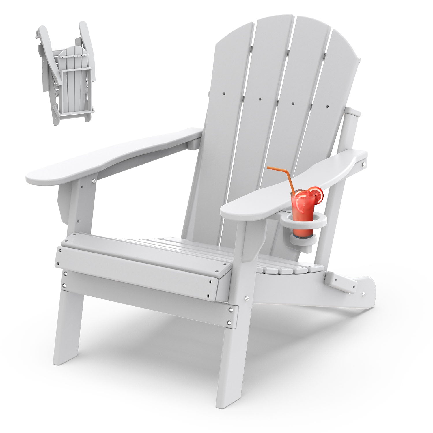 PIPOPA Outdoor Folding Adirondack Chair, HDPE All Weather Patio Chair with Cup Holder for Deck Backyard Garden, White