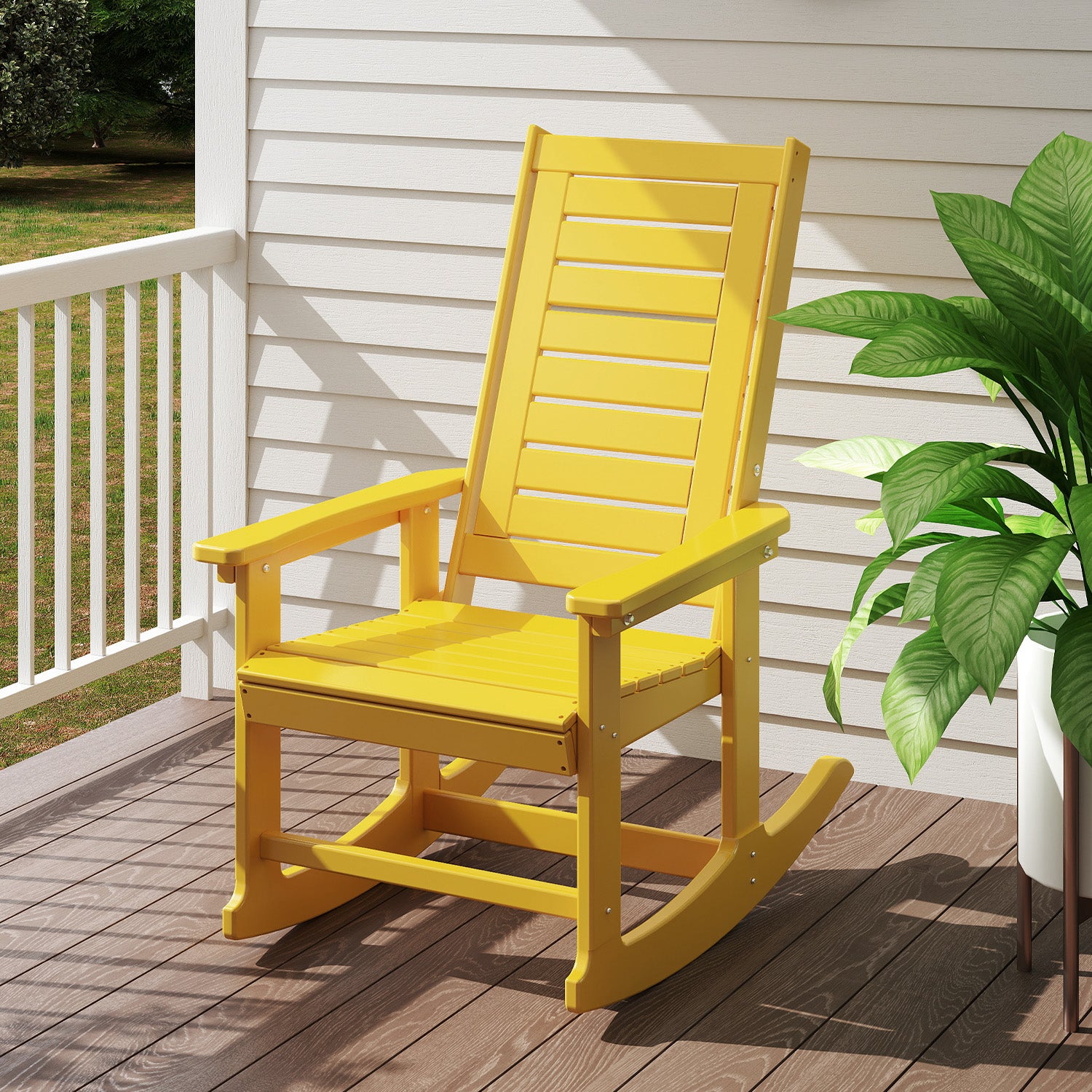 Outdoor Rocking Chair,HDPE Oversized Rocking Outdoor Chair,High Back Rocking Patio Chairs for Porch Garden Balcony,Yellow