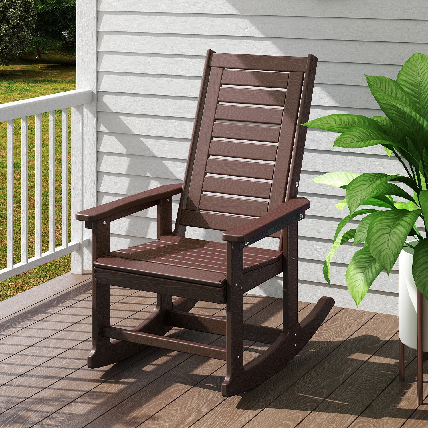 Outdoor Rocking Chair, HDPE All Weather Adirondack Oversized Rockers, Porch Rocking Chairs for Patio Outside Backyard Balcony Garden, Brown Wood Grain