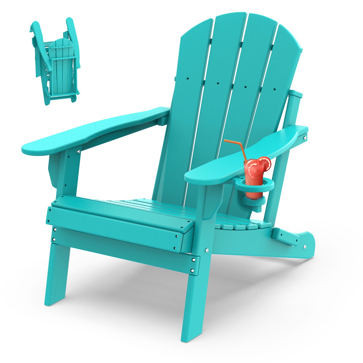 Outdoor Folding Adirondack Chair, HDPE All Weather Patio Chair with Cup Holder for Deck Backyard Garden, Aqua