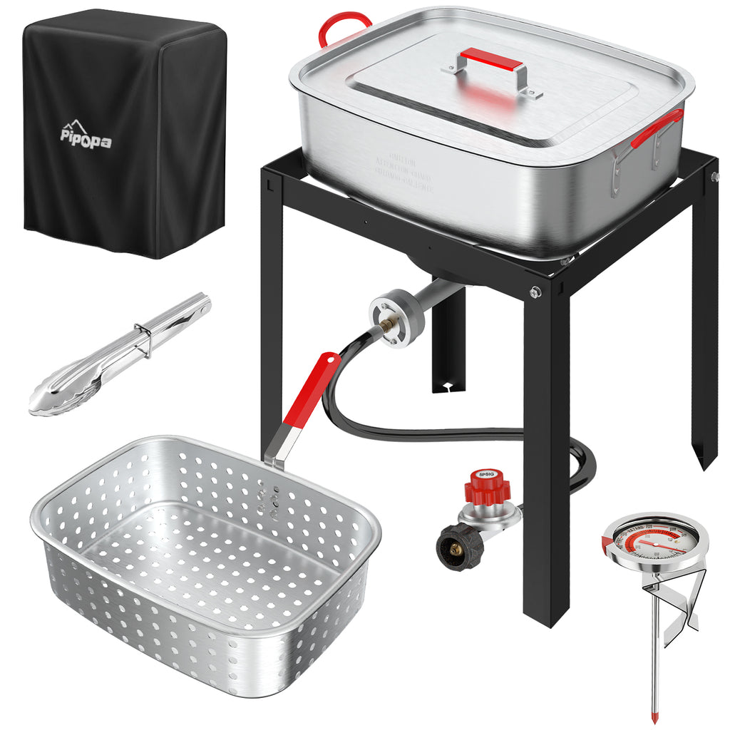 18QT Outdoor Propane Fish Fryer | 50,000 BTU Propane Deep Fryer | Includes 18QT Basket | Lid | Cover | 9" Fryer Tong & 6" Thermometer | Perfect for Cooking Fish, Chicken Wings, and Fries
