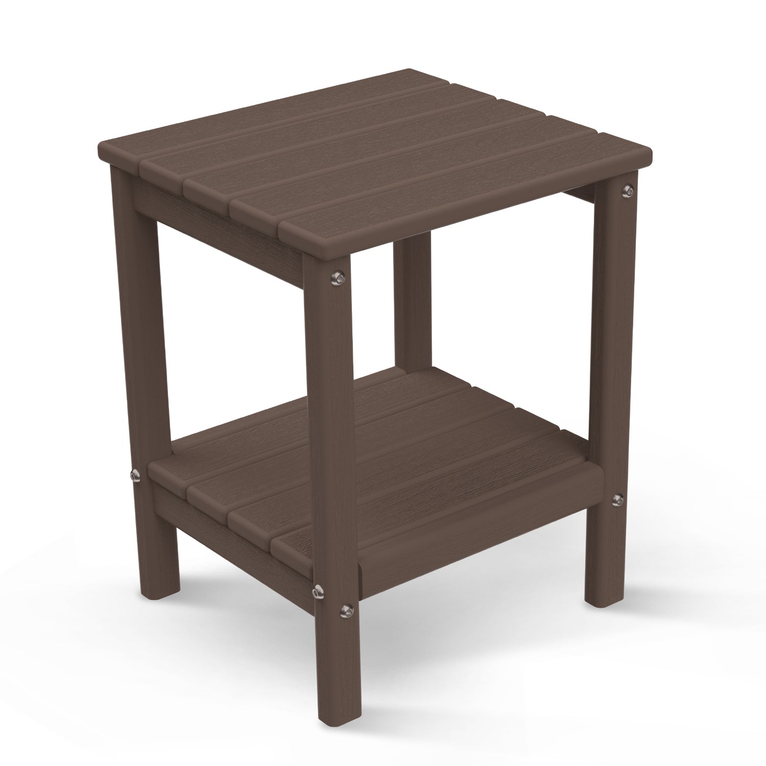 FODINGHILL 2-Tier Outdoor Side Table, HDPE All Weather Adirondack Patio Table with Storage Shelf, Outside End Table for Porch Backyard Indoor, Brown Wood Grain