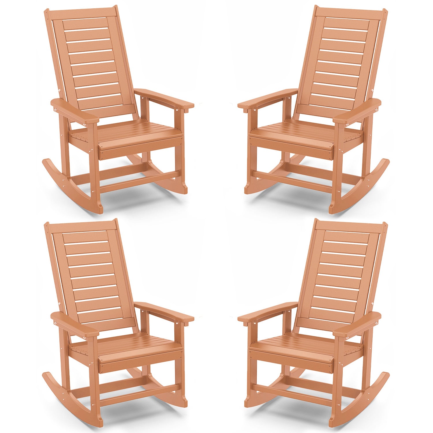 Outdoor Rocking Chair Set of 4,HDPE Oversized Rocking Chair Outdoor,High Back Rocking Patio Chairs for Porch Garden Balcony,Teak
