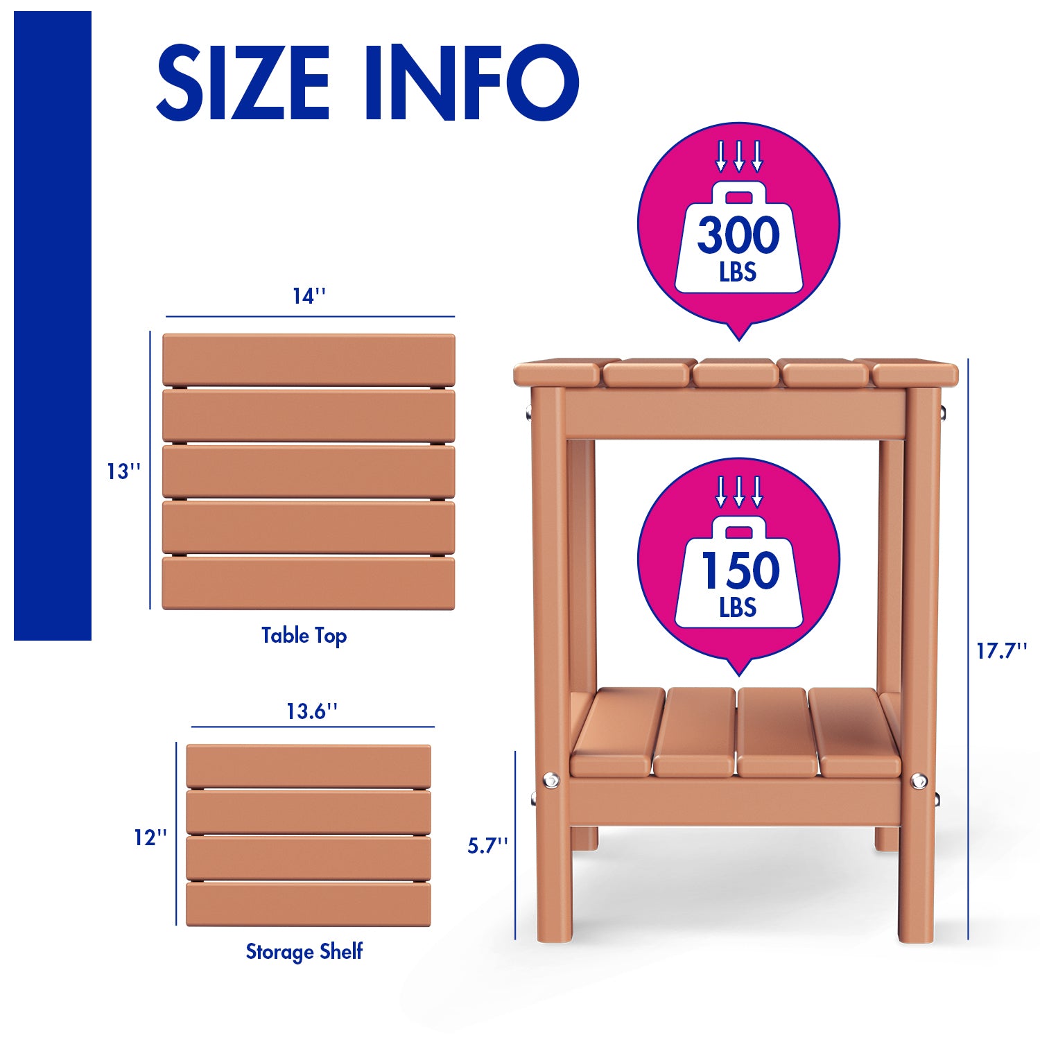 FODINGHILL 2-Tier Outdoor Side Table set of 2, HDPE All Weather Adirondack Patio Table with Storage Shelf, Outside End Table for Porch Backyard Indoor, Teak