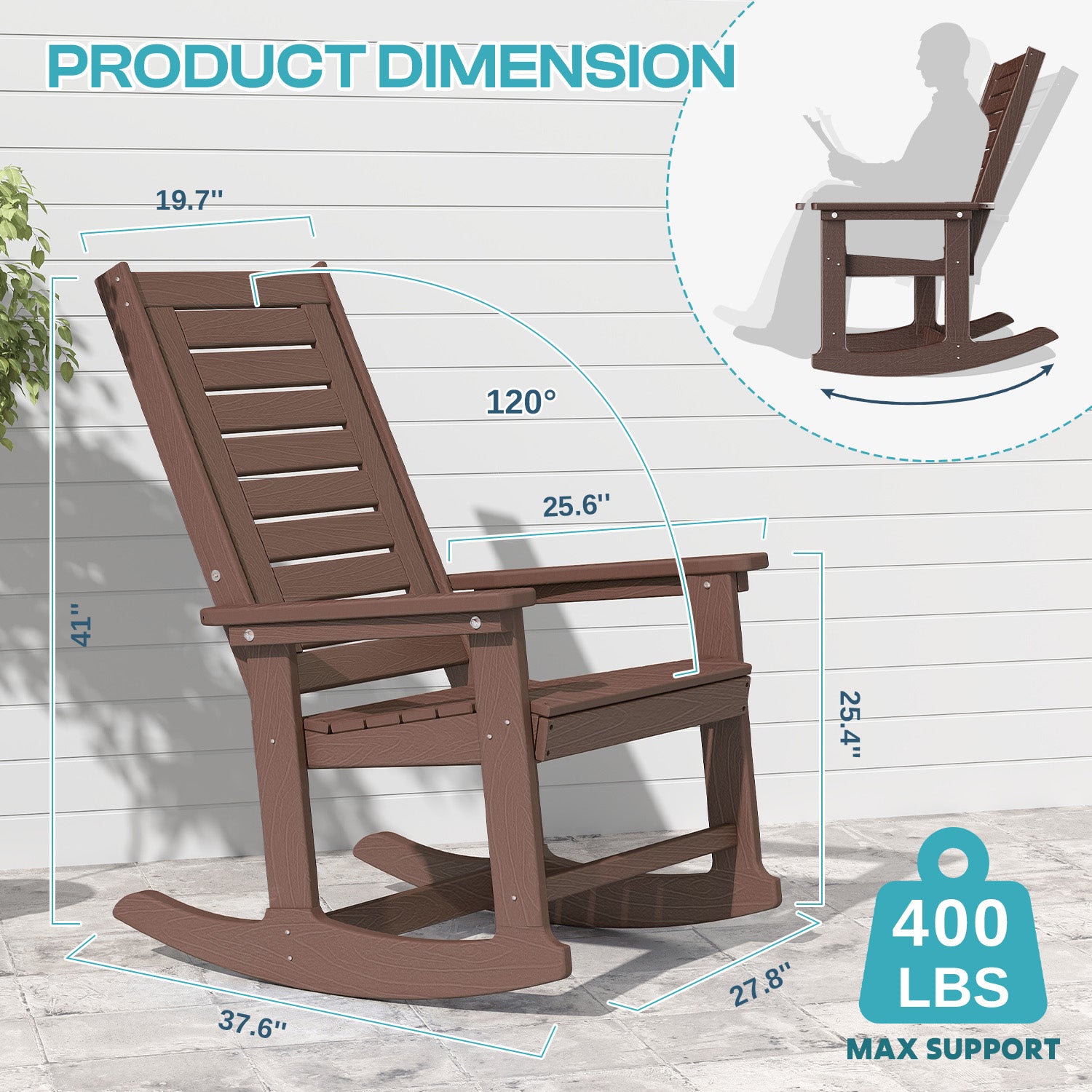 Outdoor Rocking Chair, HDPE All Weather Adirondack Oversized Rockers, Porch Rocking Chairs for Patio Outside Backyard Balcony Garden, Brown Wood Grain