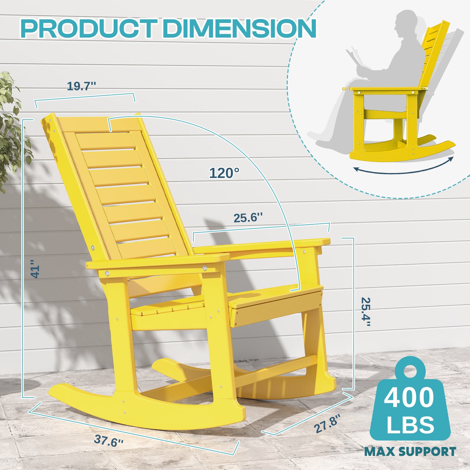 Outdoor Rocking Chair,HDPE Oversized Rocking Outdoor Chair,High Back Rocking Patio Chairs for Porch Garden Balcony,Yellow