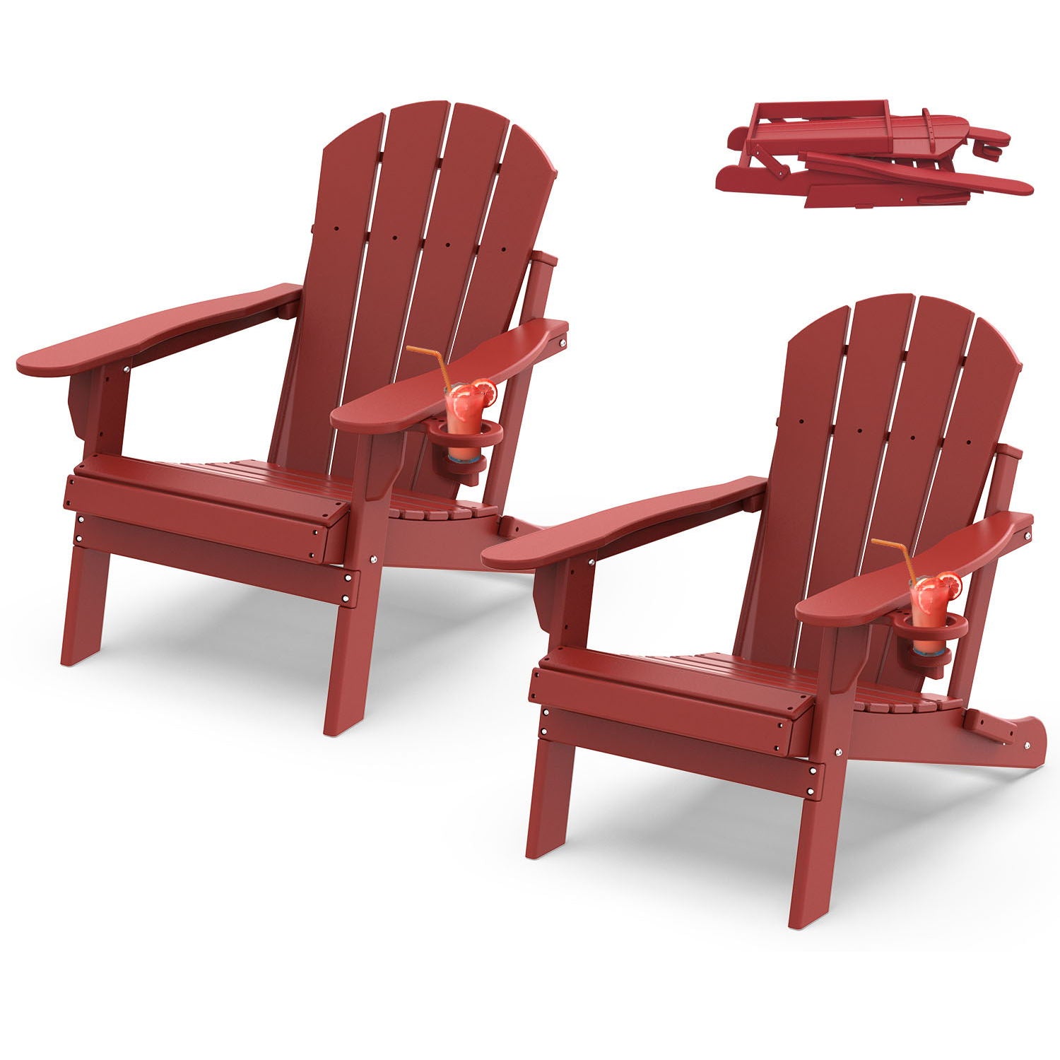 Outdoor Folding Adirondack Chair set of 2, HDPE All Weather Patio Chair with Cup Holder for Deck Backyard Garden, Red