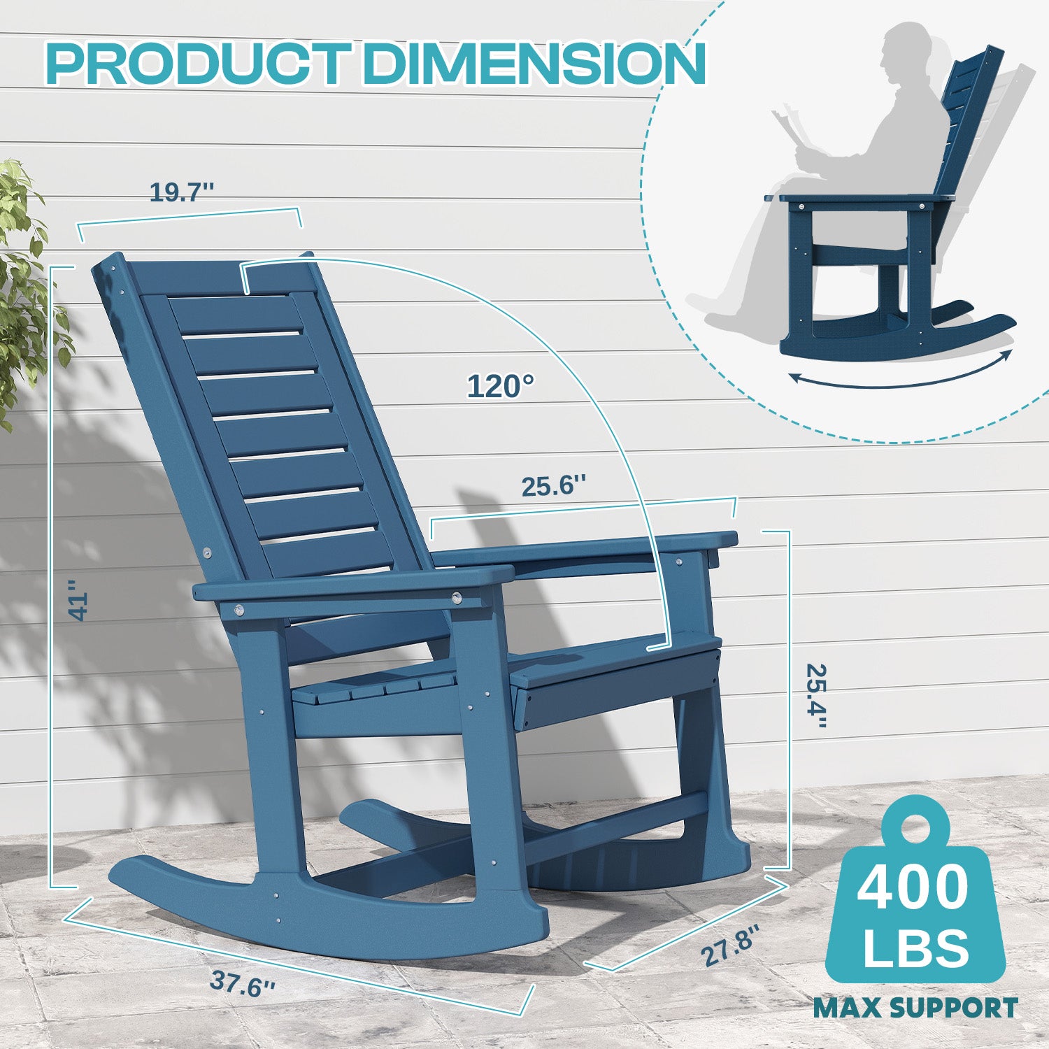 Outdoor Rocking Chair, HDPE All Weather Adirondack Oversized Rockers, Porch Rocking Chairs for Patio Outside Backyard Balcony Garden, Blue