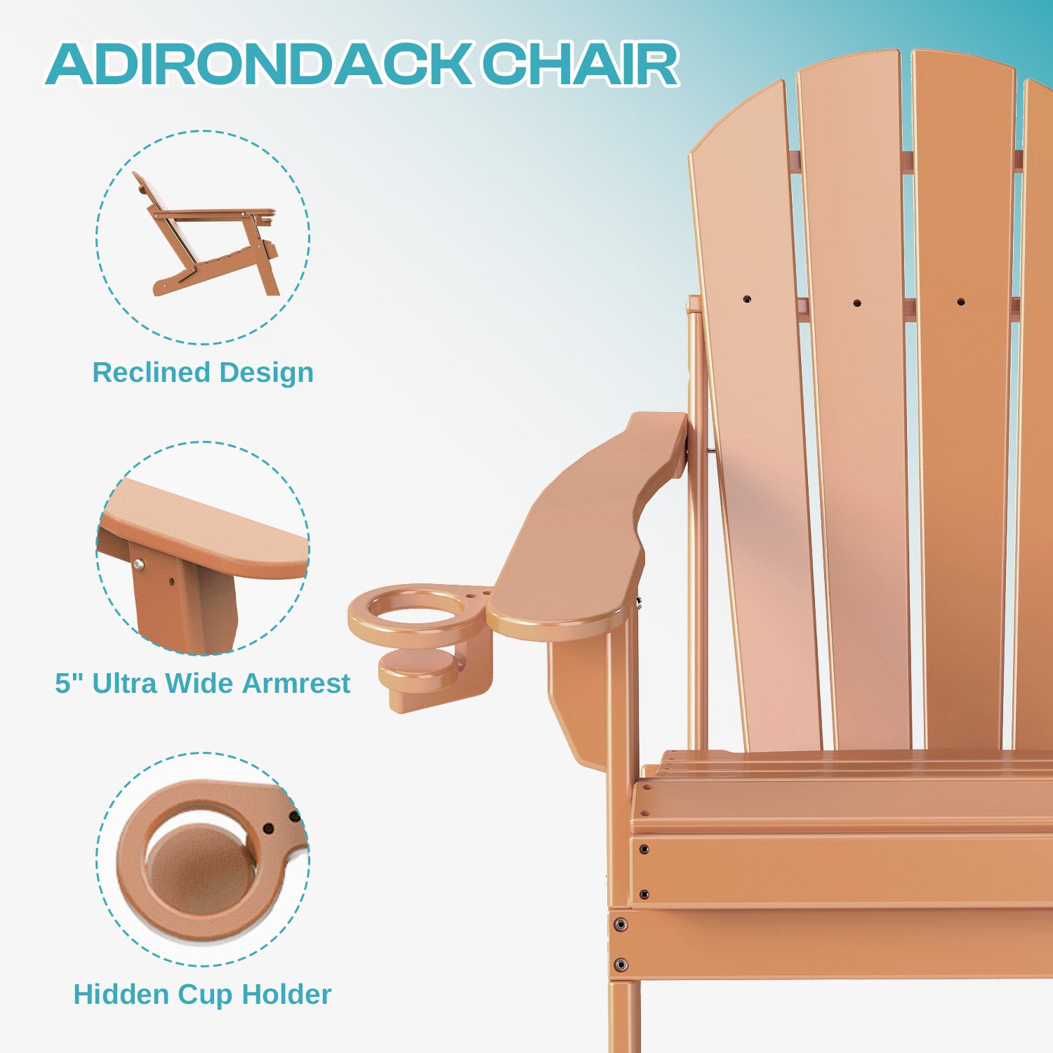 Outdoor Folding Adirondack Chair set of 4, HDPE All Weather Patio Chair with Cup Holder for Deck Backyard Garden, Teak