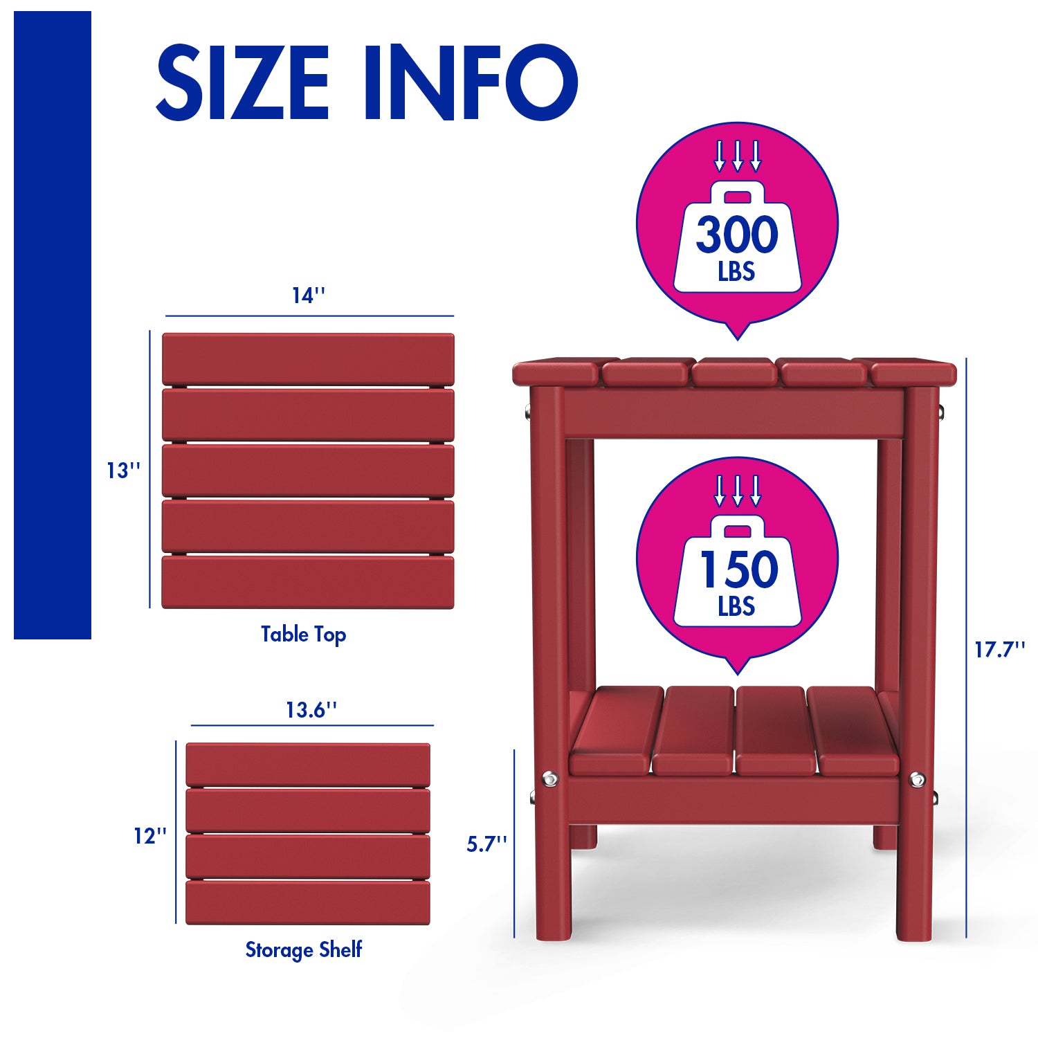 FODINGHILL 2-Tier Outdoor Side Table set of 2, HDPE All Weather Adirondack Patio Table with Storage Shelf, Outside End Table for Porch Backyard Indoor, Red